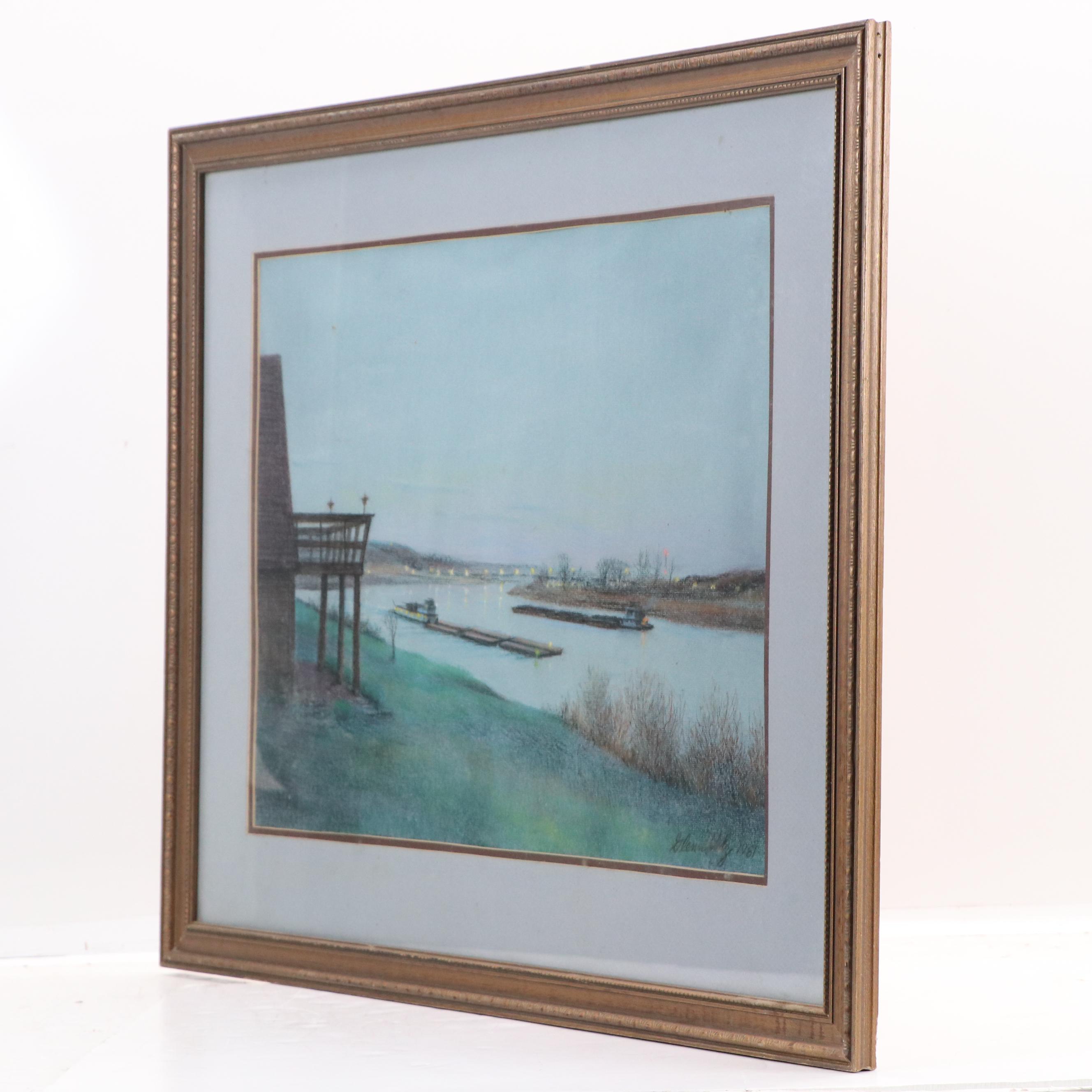 Glenn Volz Chalk Pastel Landscape Drawing with River Barges, 1981