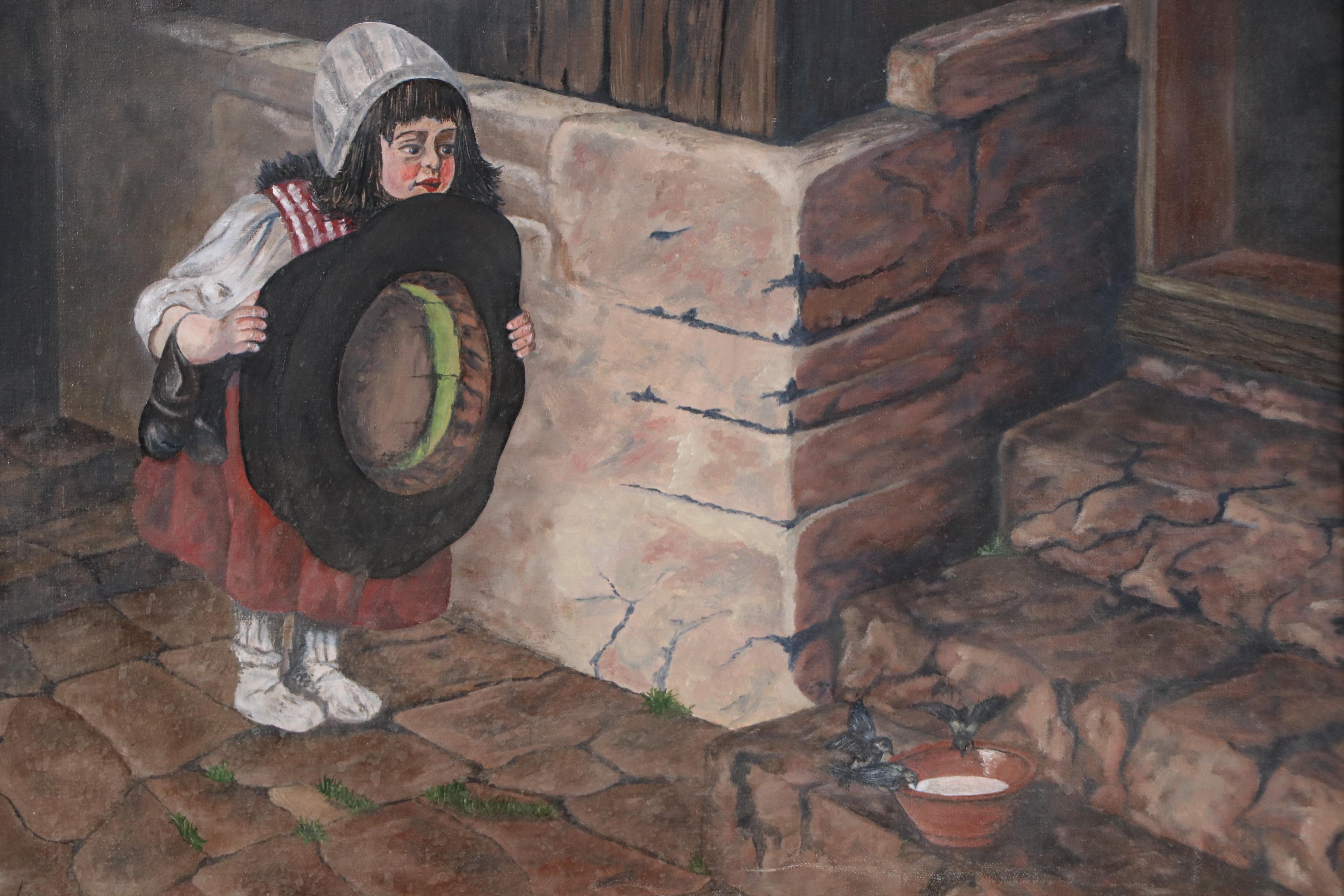 Oil Painting After Herman Von Kaulbach "Girl With Hat Trying to Catch a Bird"