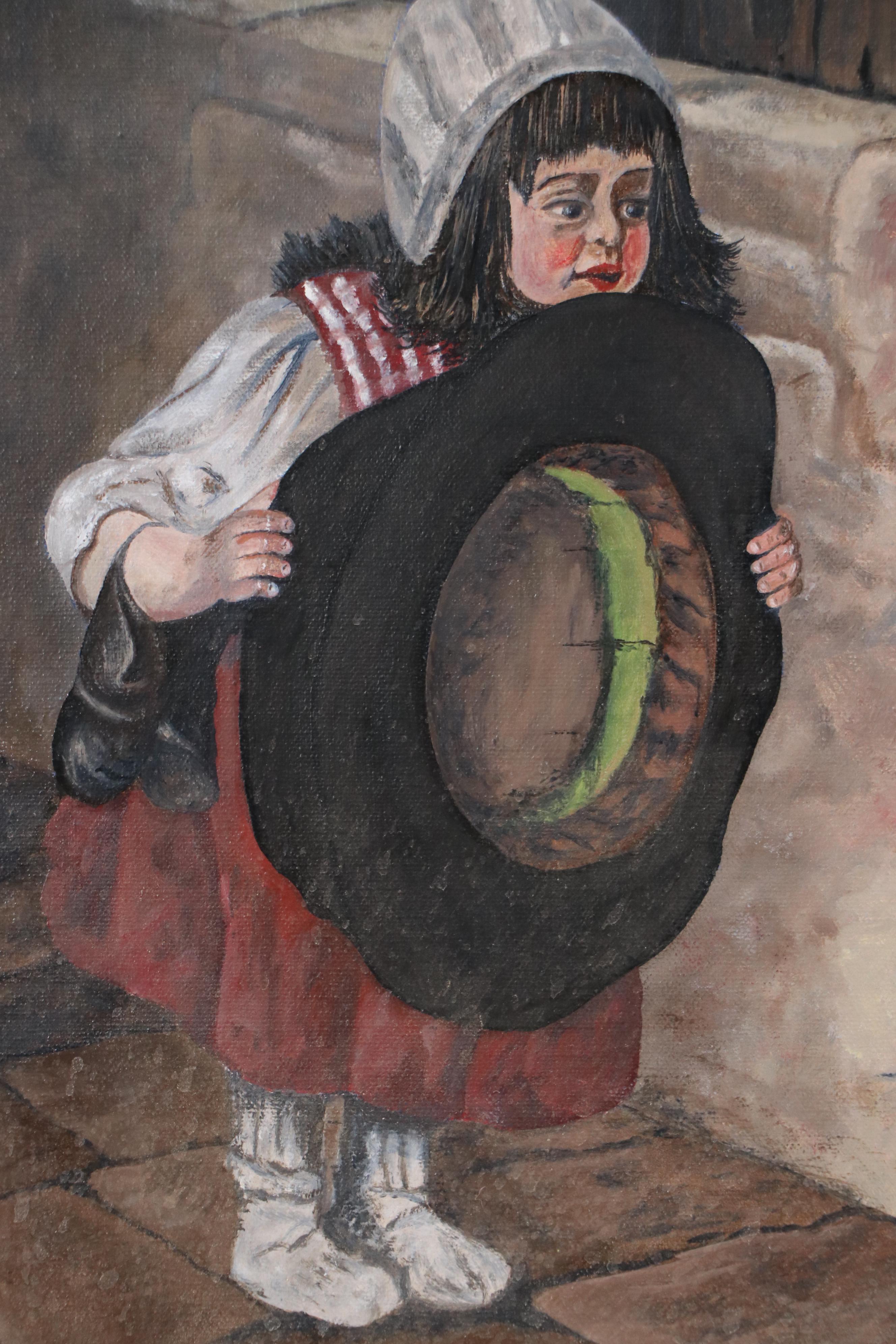 Oil Painting After Herman Von Kaulbach "Girl With Hat Trying to Catch a Bird"