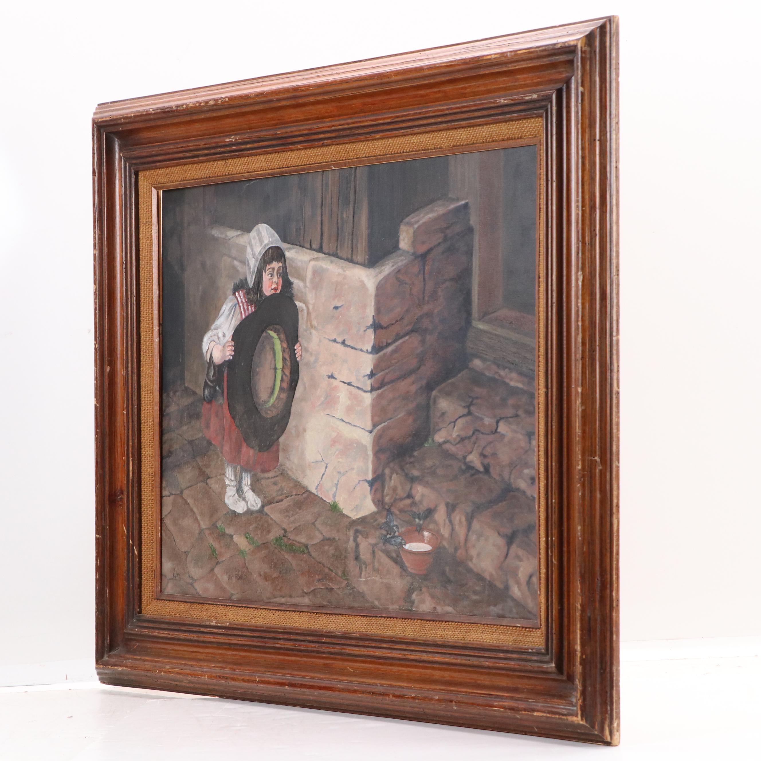 Oil Painting After Herman Von Kaulbach "Girl With Hat Trying to Catch a Bird"