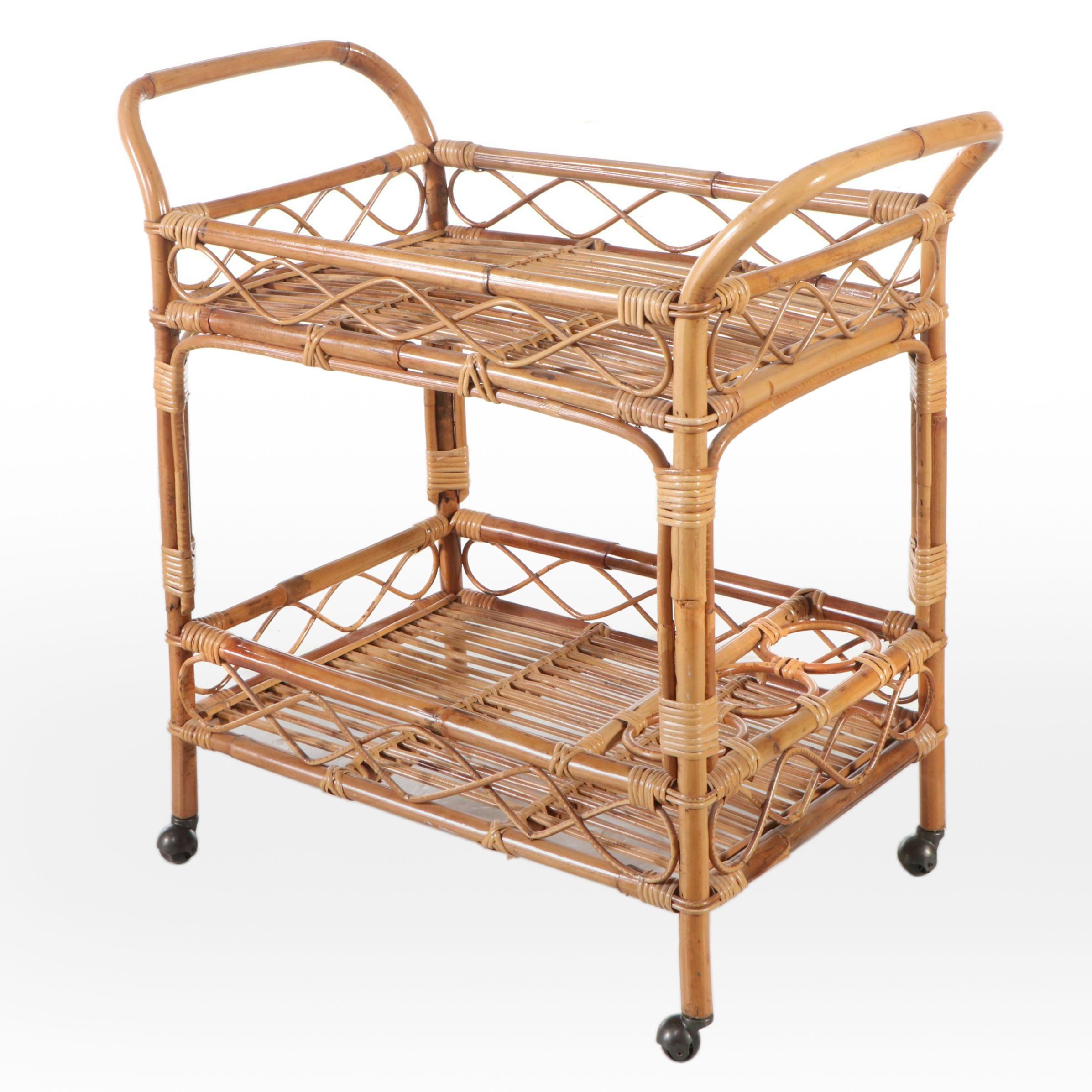 Rattan Two-Tiered Bar Cart, Mid to Late 20th Century