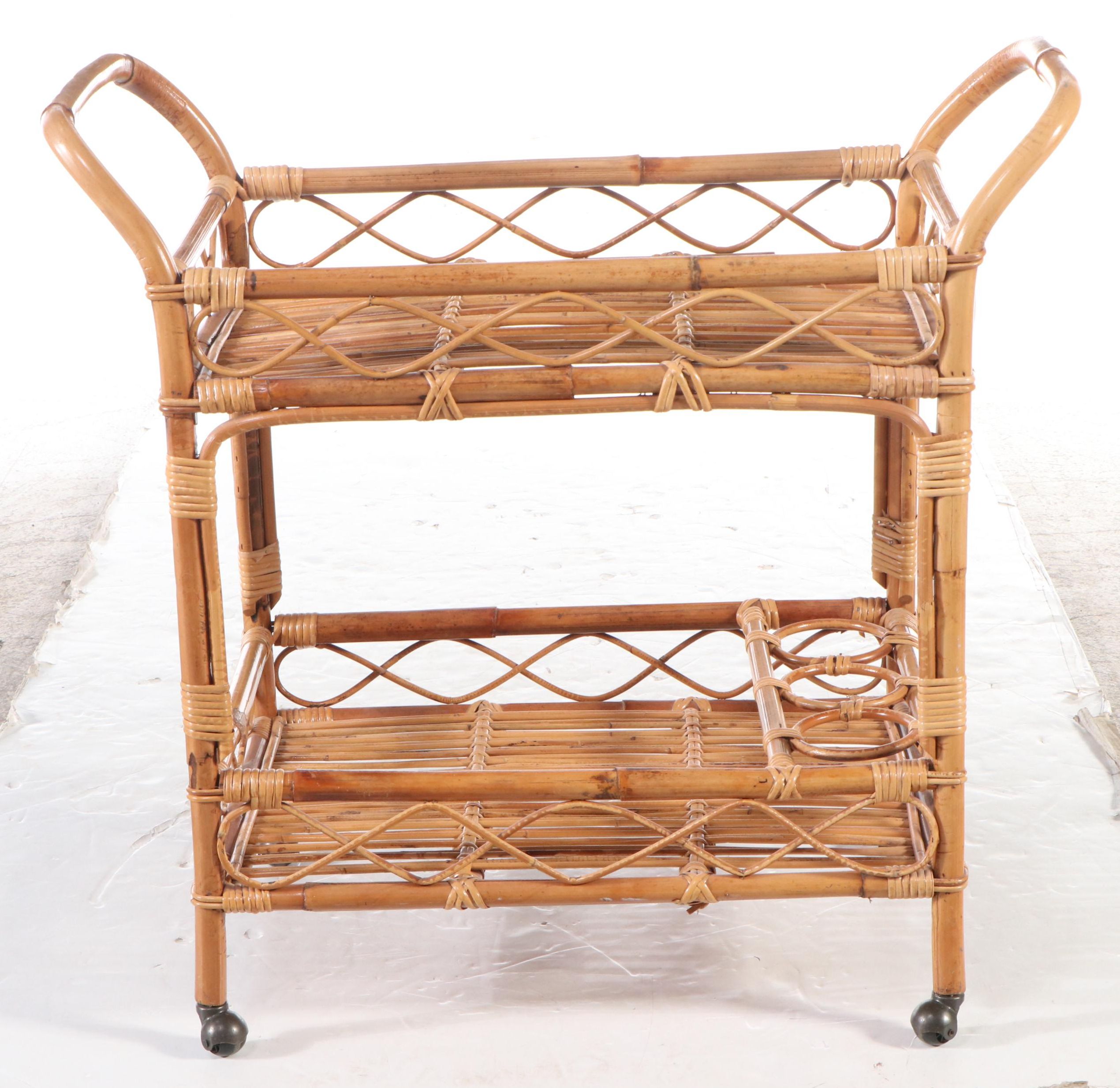 Rattan Two-Tiered Bar Cart, Mid to Late 20th Century