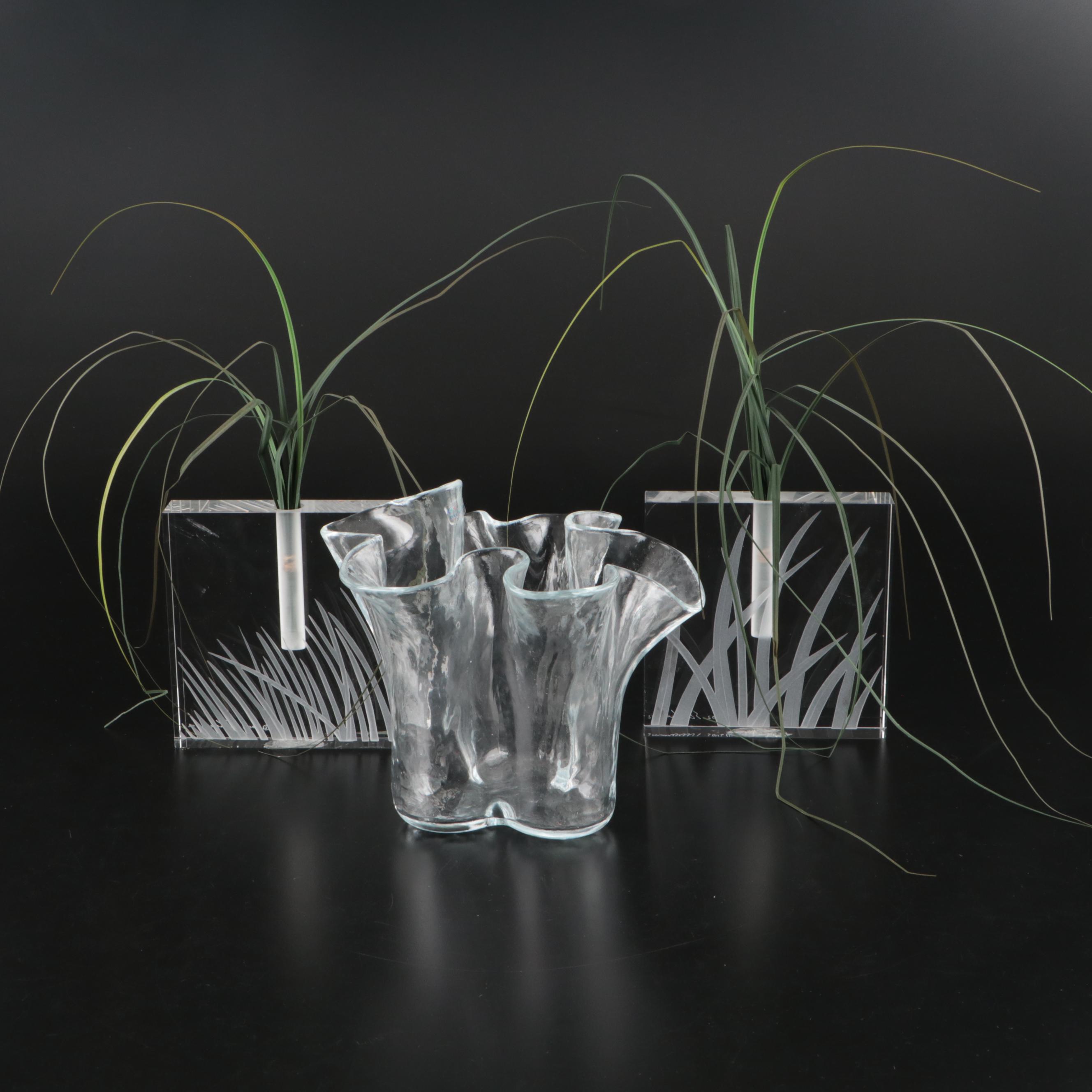 Artist Signed Art Glass Vase Pair with Muurla Ruffled Glass Vase