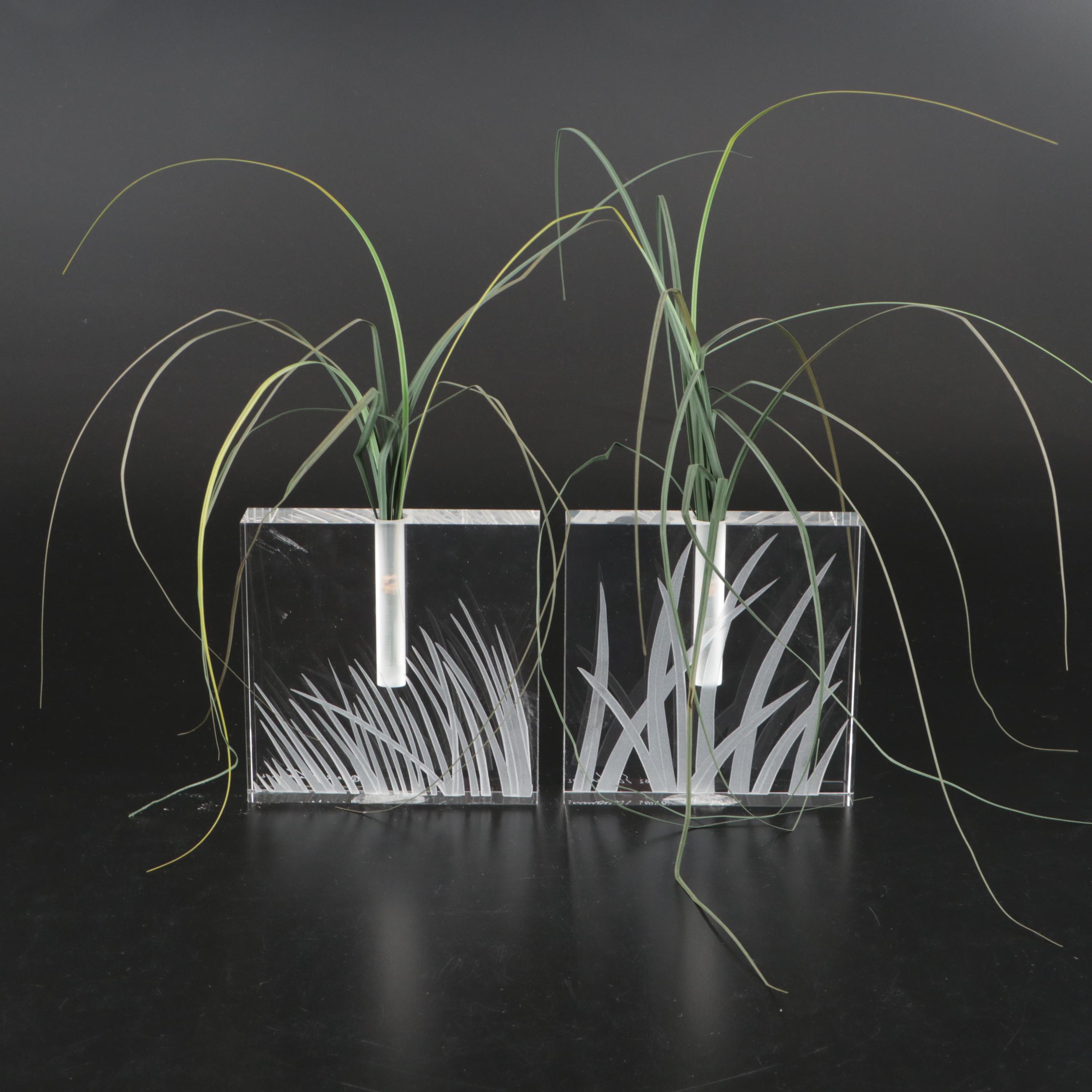 Artist Signed Art Glass Vase Pair with Muurla Ruffled Glass Vase