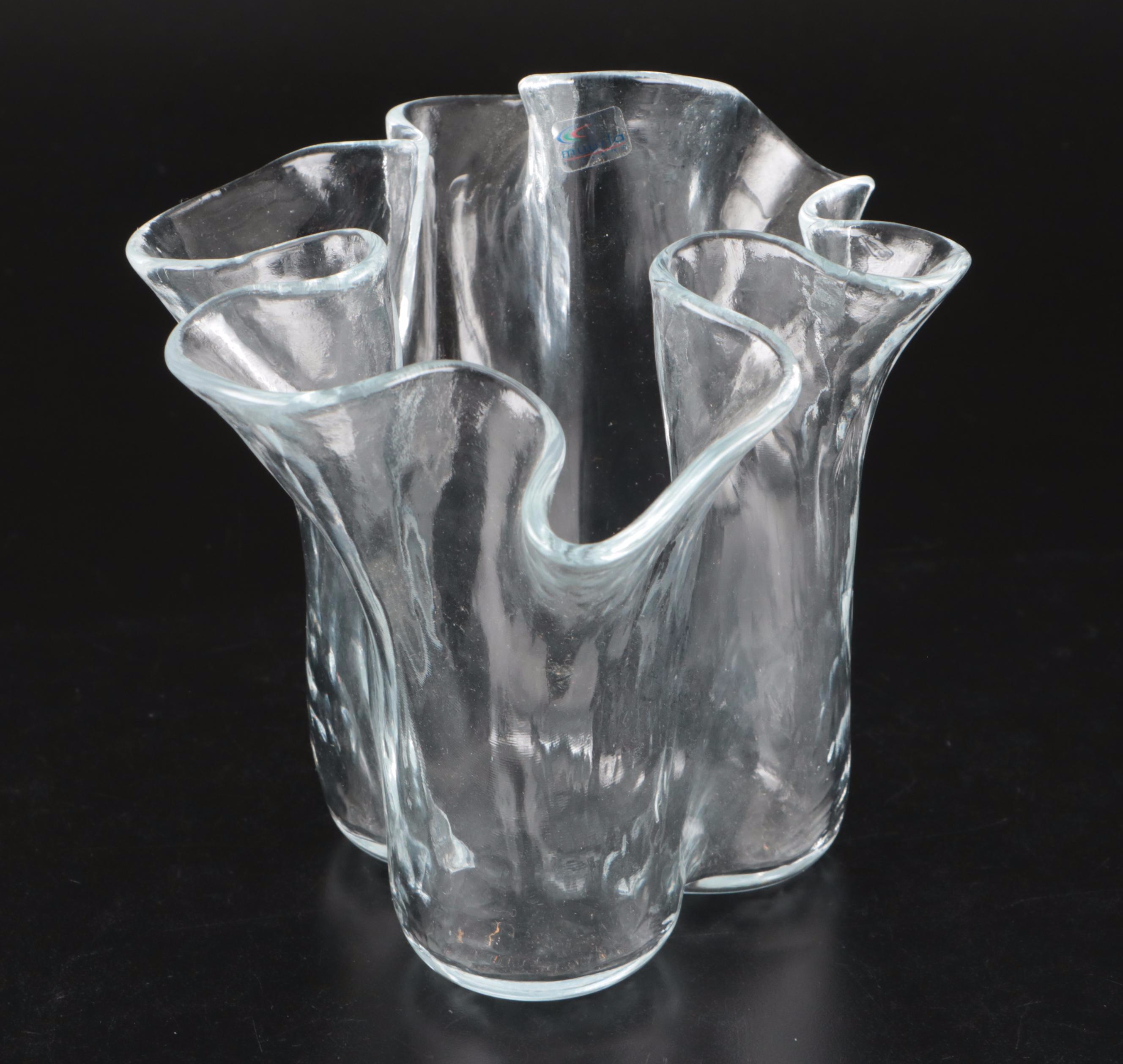 Artist Signed Art Glass Vase Pair with Muurla Ruffled Glass Vase