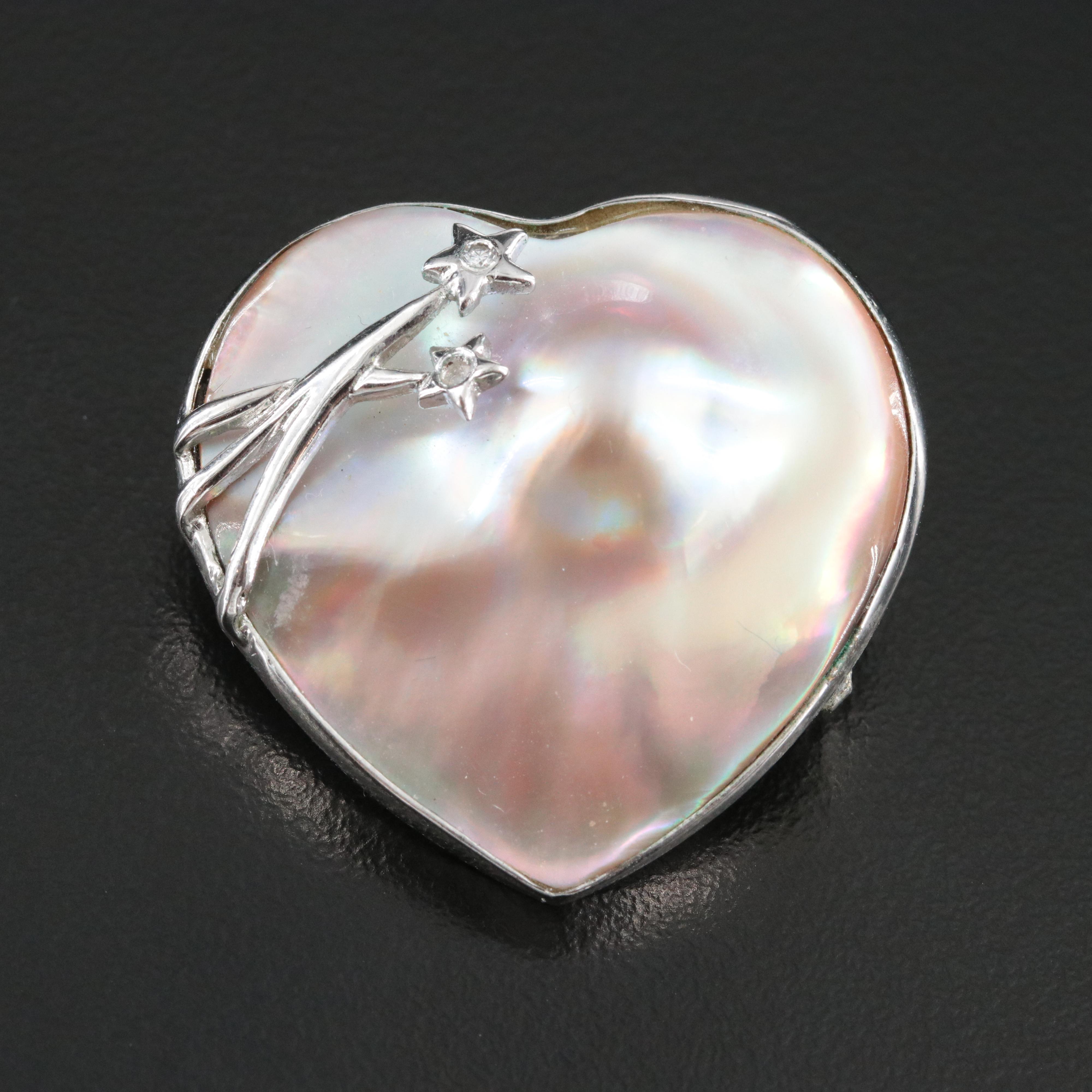 Sterling Pearl Heart Converter Brooch with Star Accents