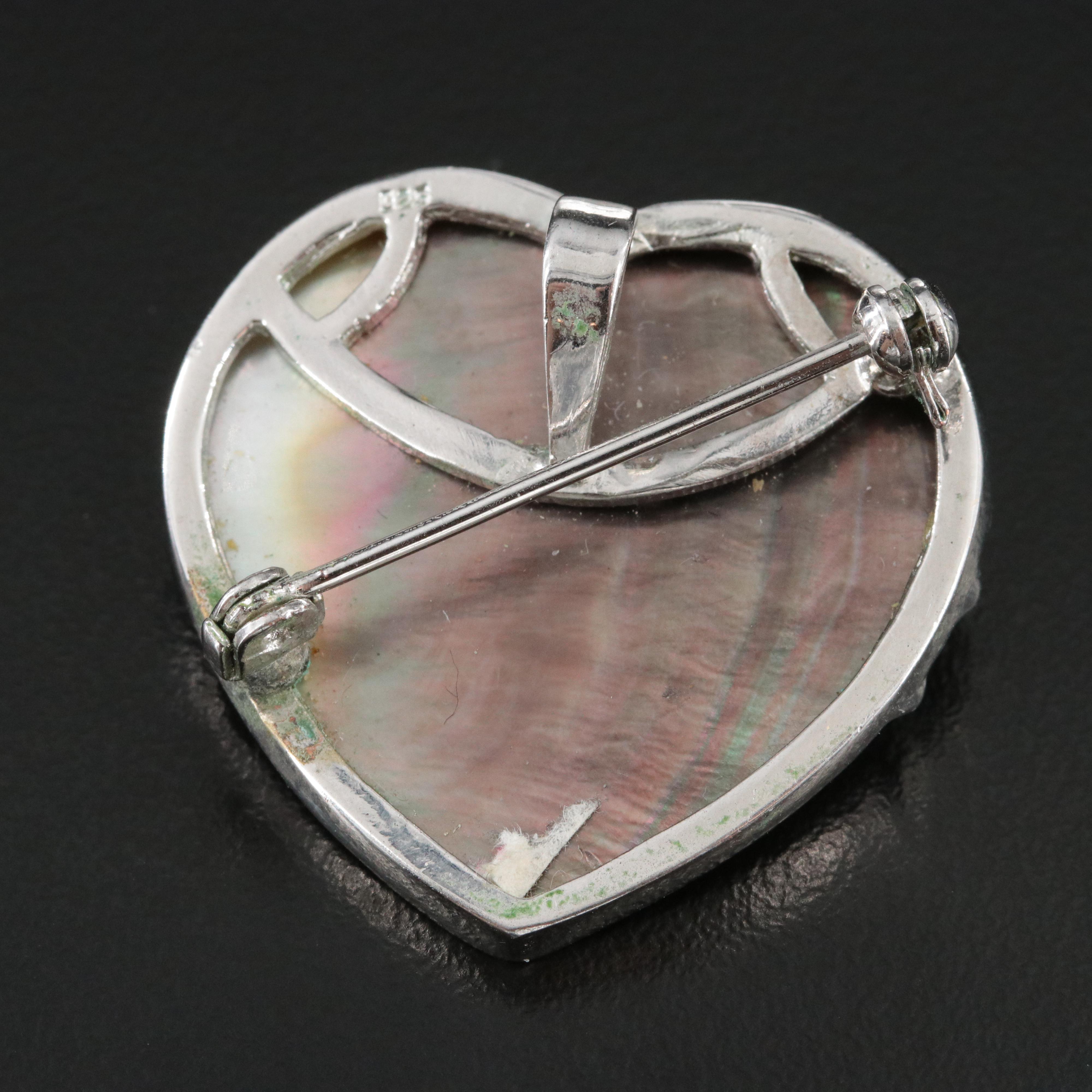 Sterling Pearl Heart Converter Brooch with Star Accents