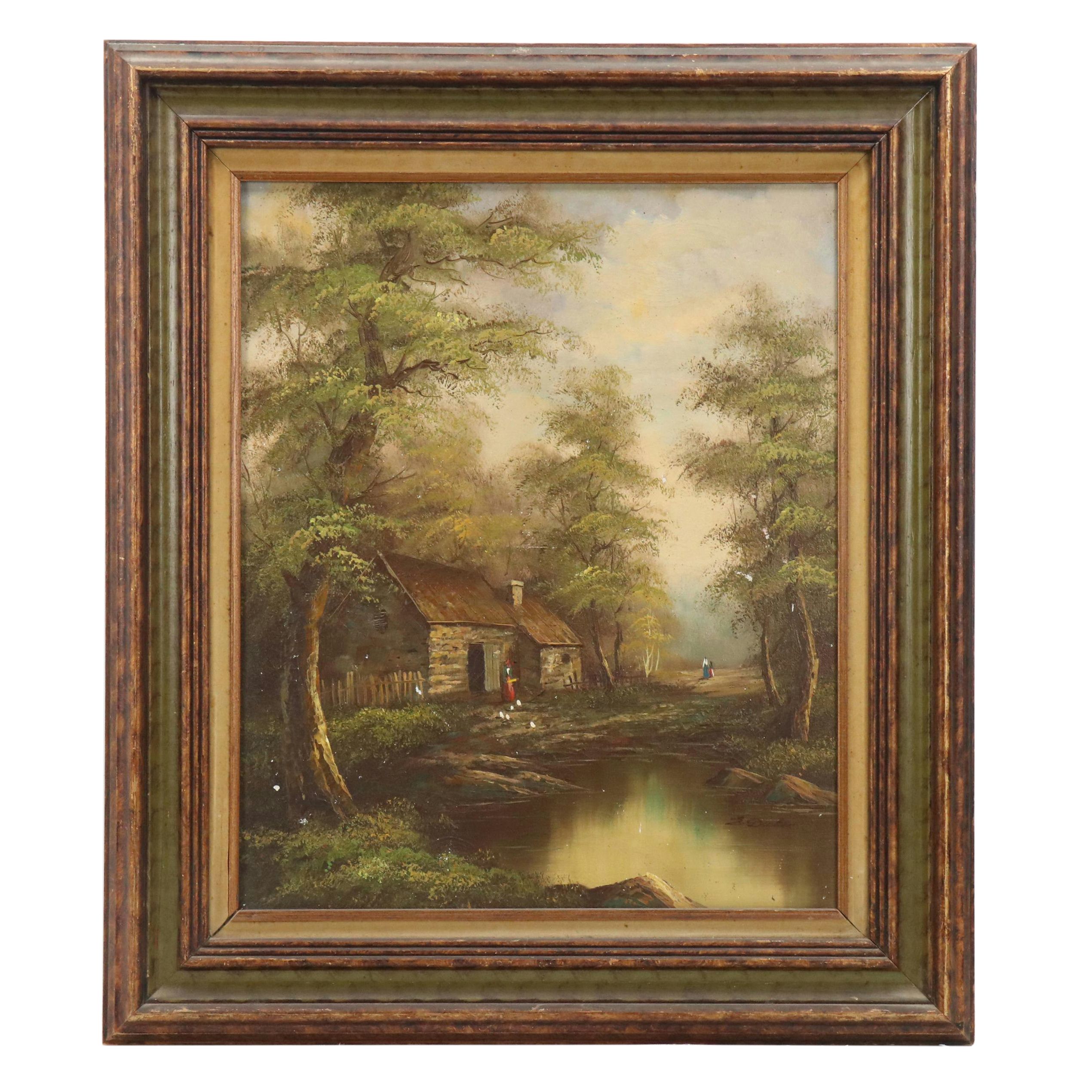 E. Dickens Idyllic Woodland Pond Landscape Oil Painting