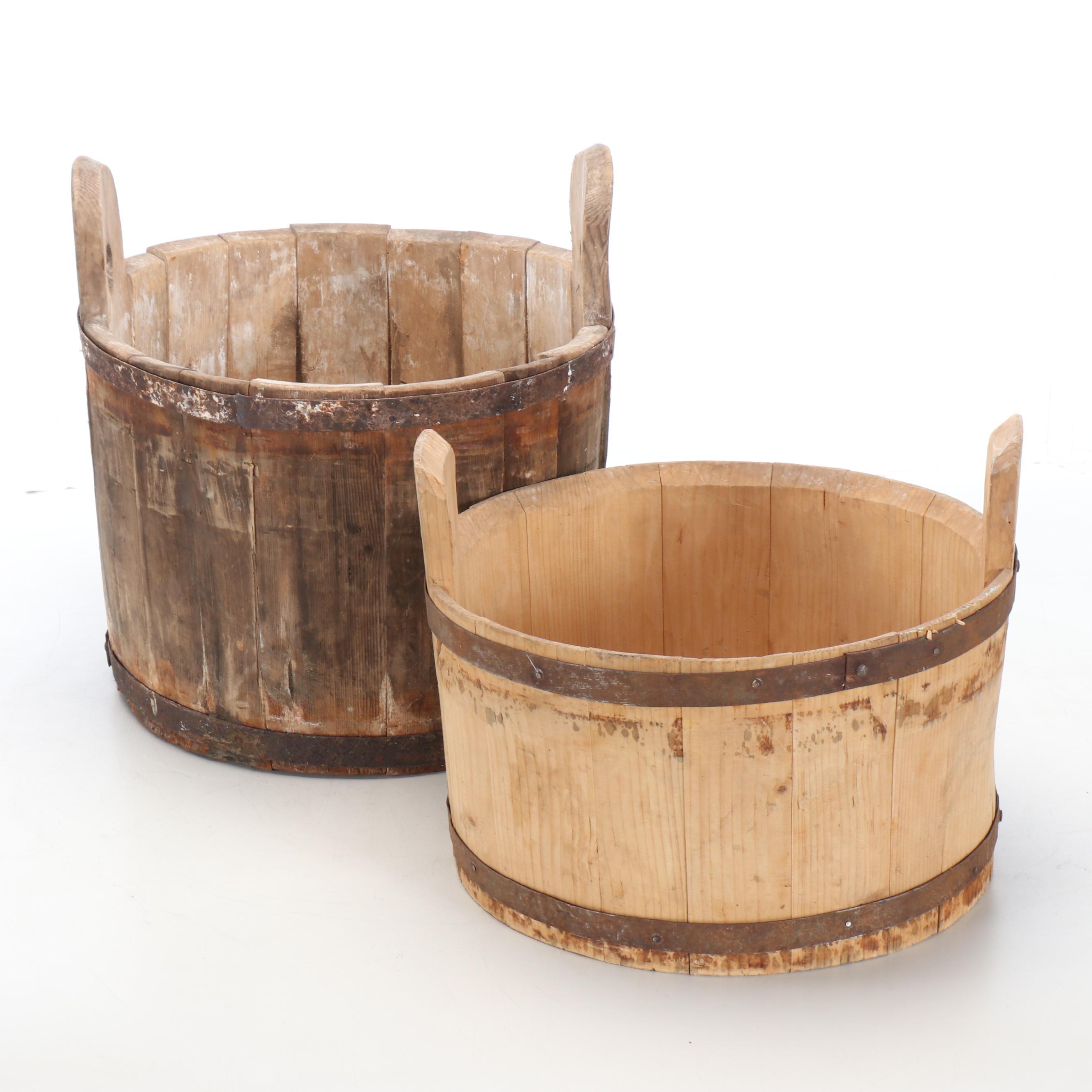 Primitive Style Oak Stave Metal Banded Buckets, 20th Century