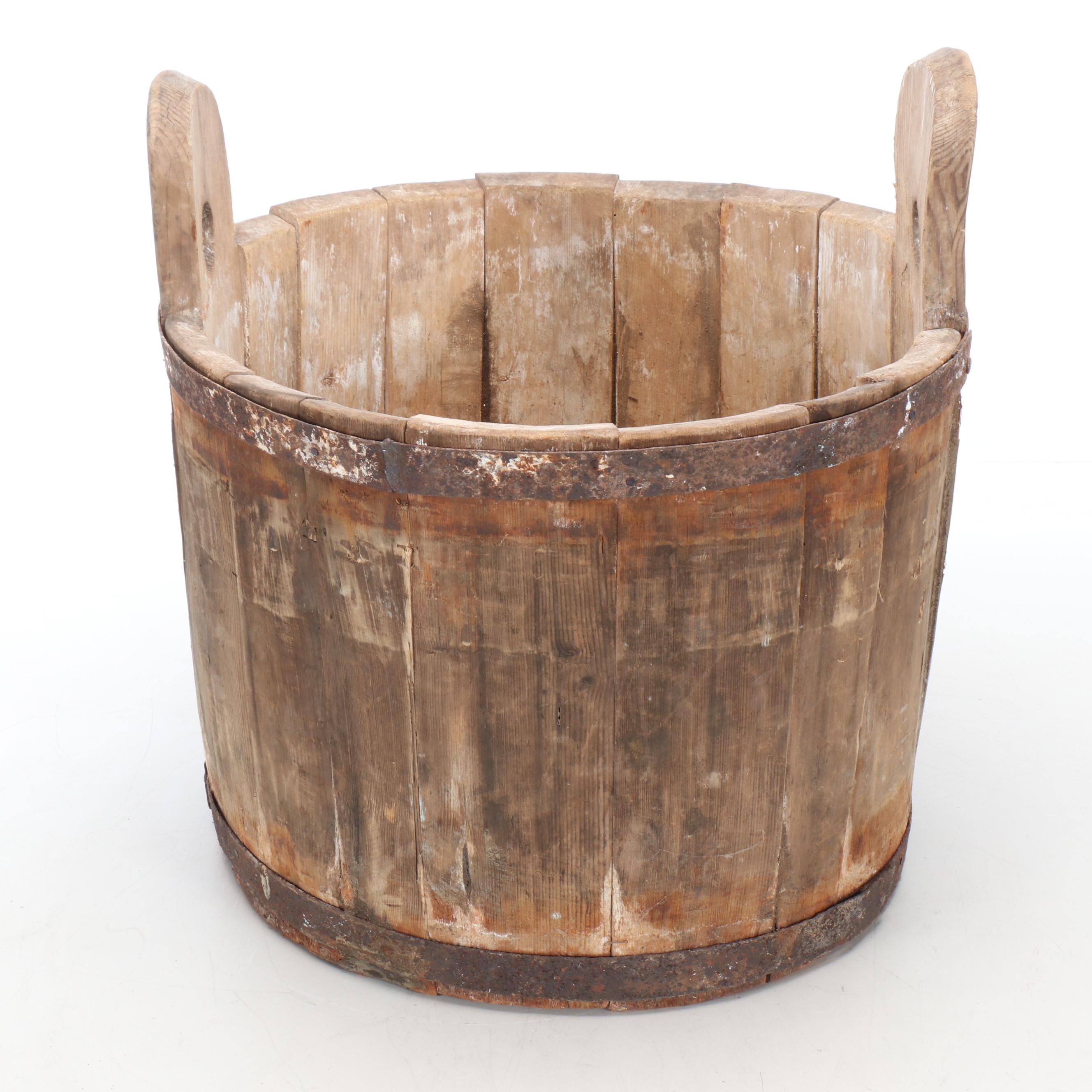 Primitive Style Oak Stave Metal Banded Buckets, 20th Century