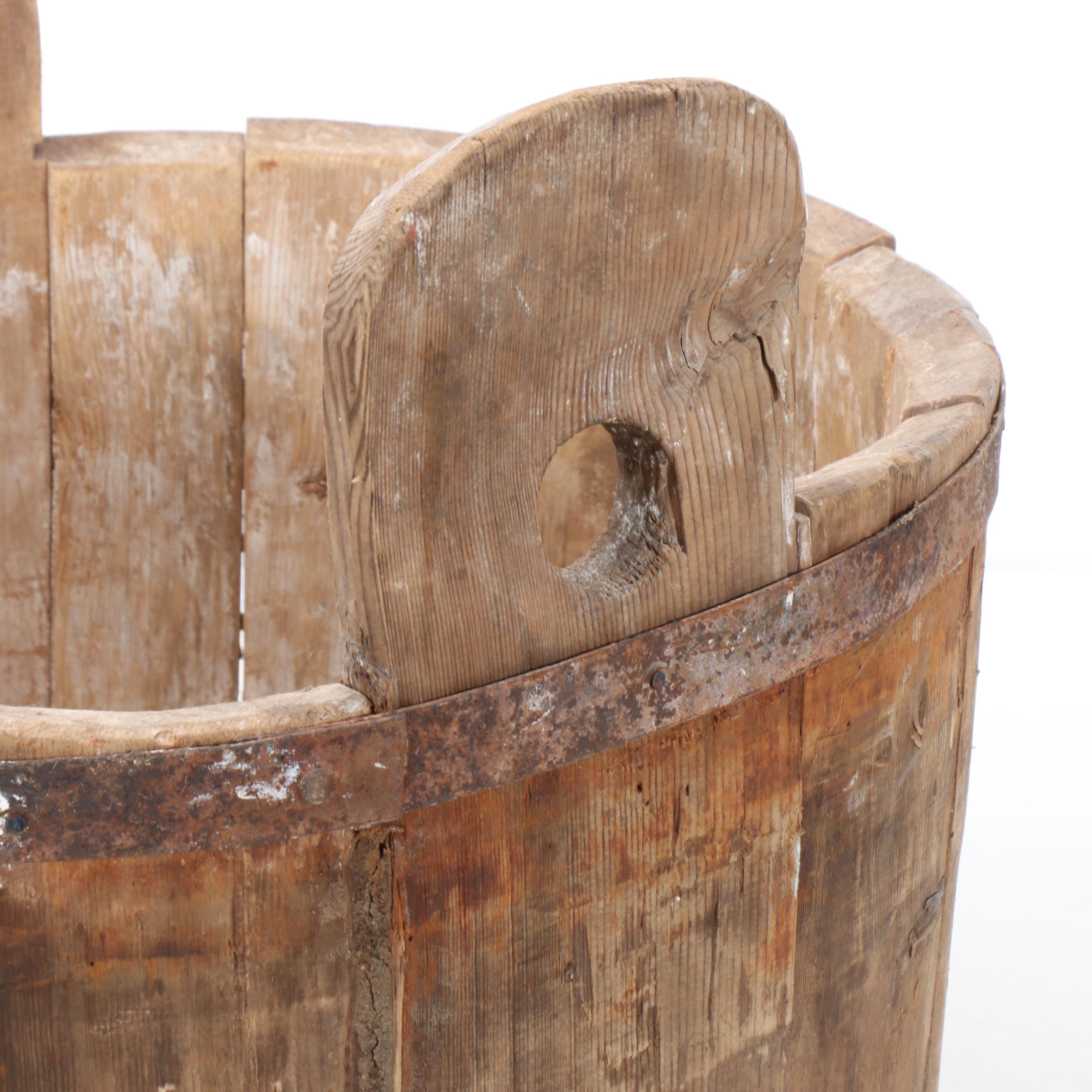Primitive Style Oak Stave Metal Banded Buckets, 20th Century