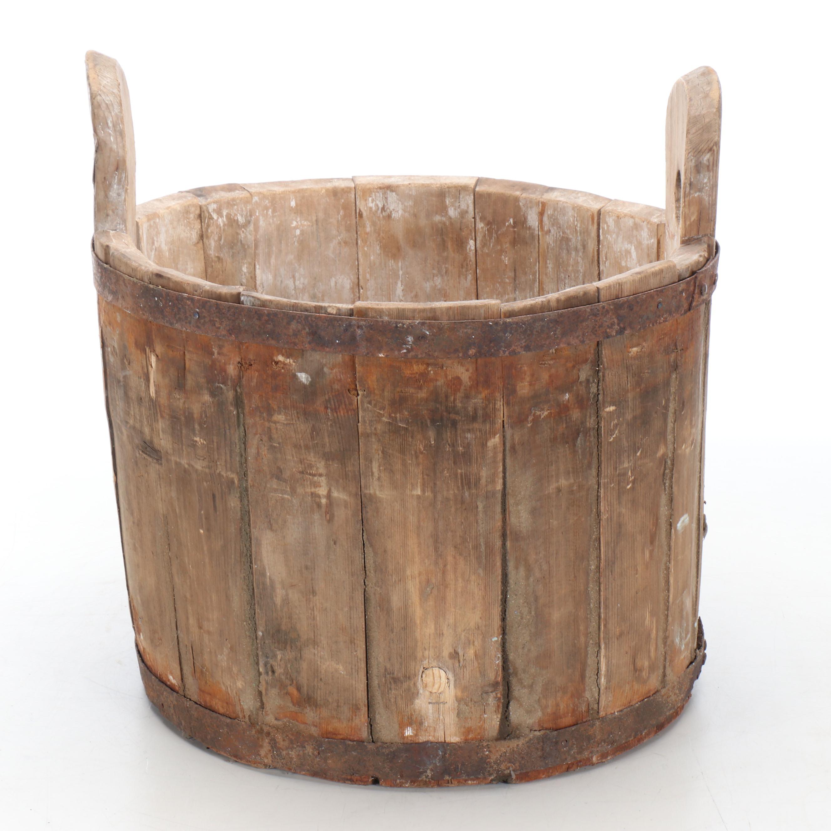 Primitive Style Oak Stave Metal Banded Buckets, 20th Century
