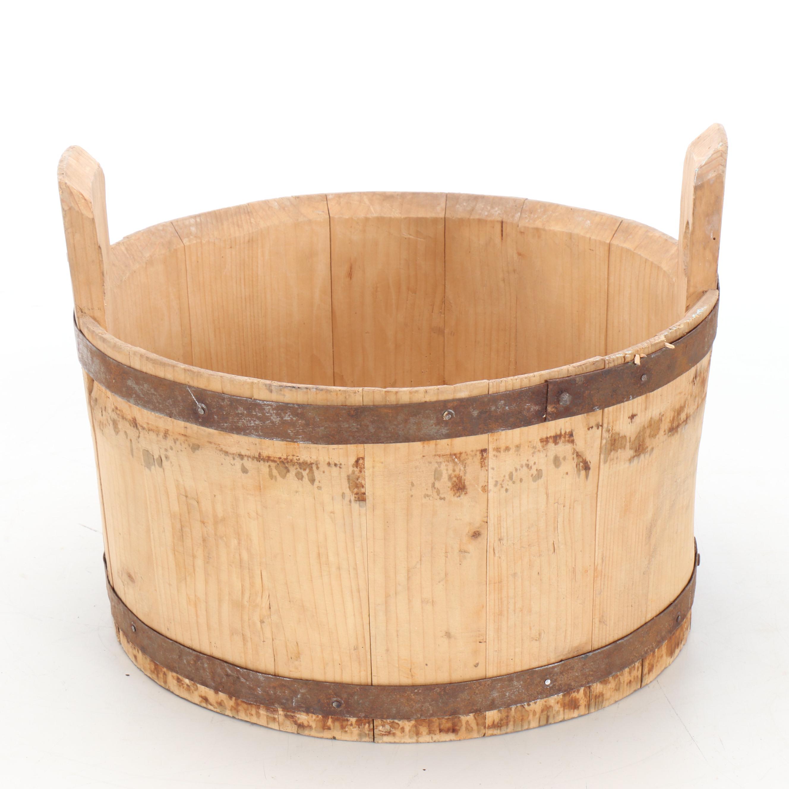 Primitive Style Oak Stave Metal Banded Buckets, 20th Century