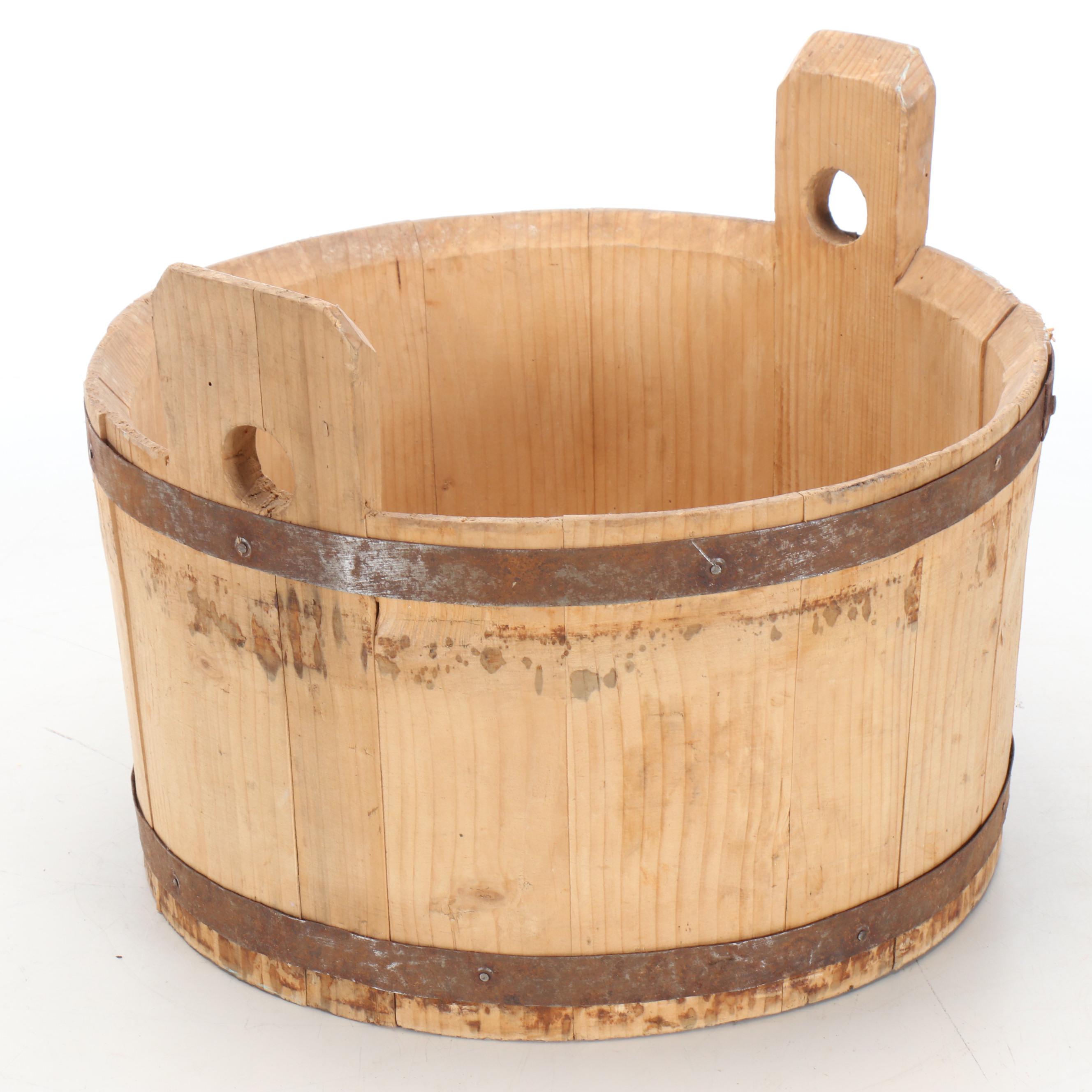 Primitive Style Oak Stave Metal Banded Buckets, 20th Century