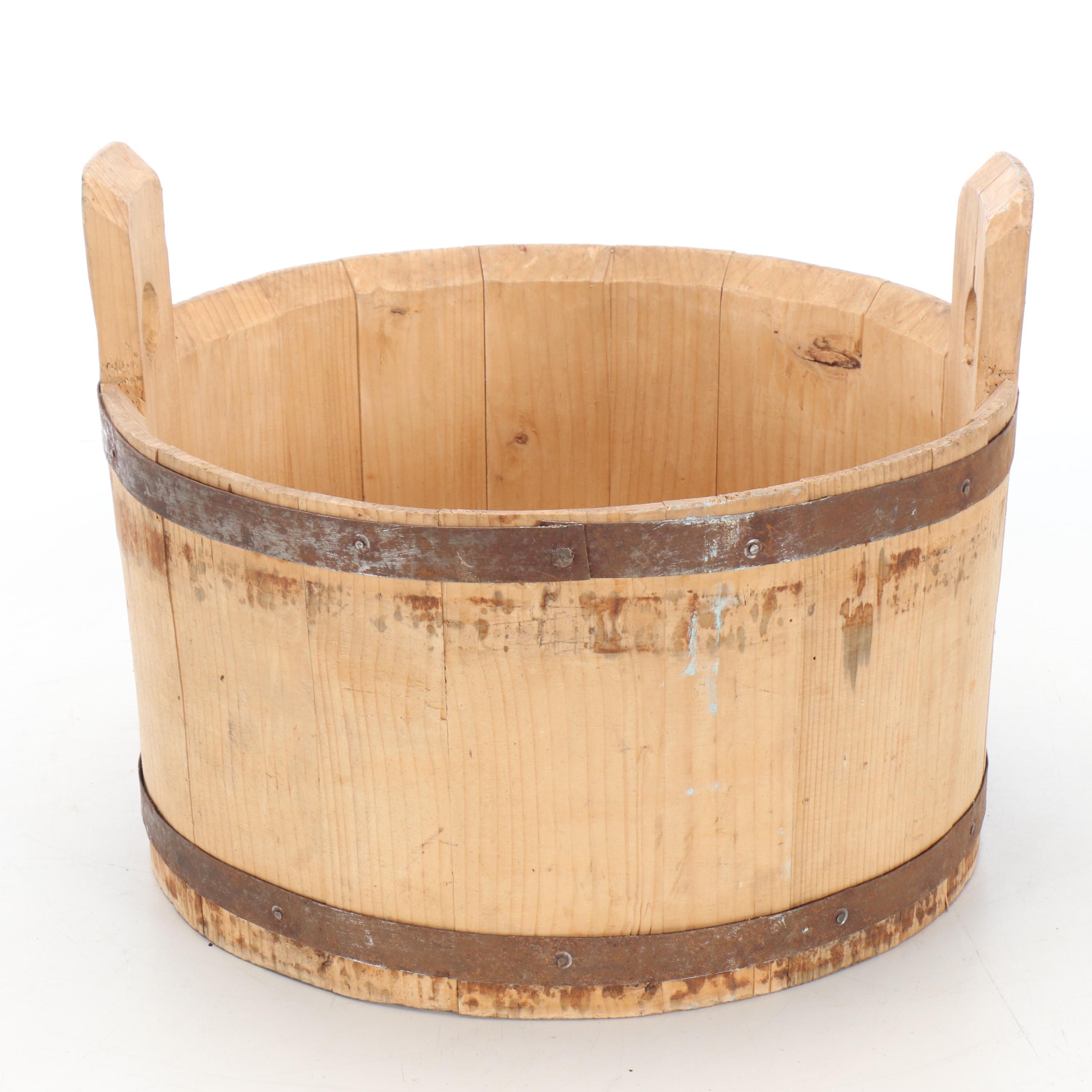 Primitive Style Oak Stave Metal Banded Buckets, 20th Century