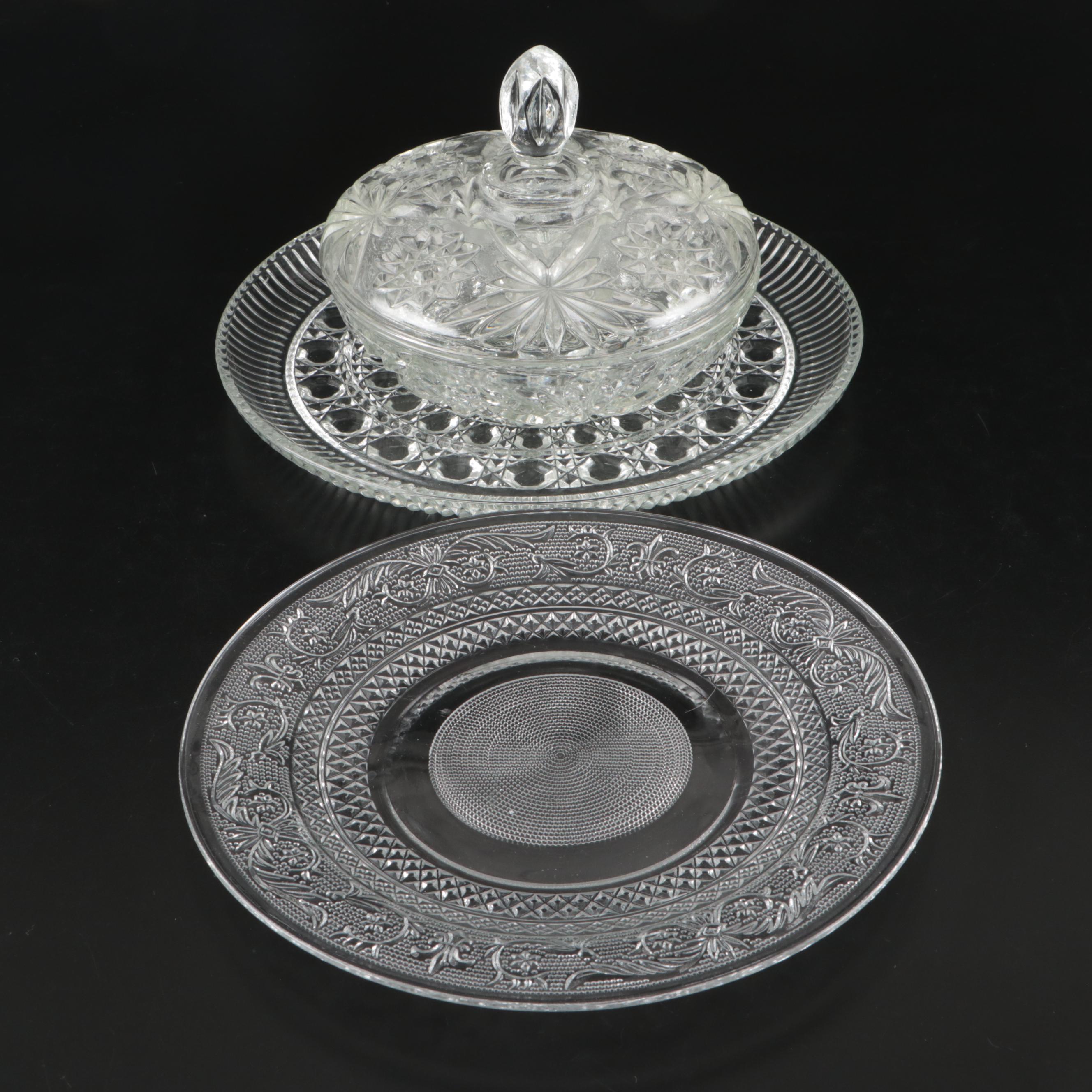 Federal Glass "Windsor Clear" Plate with Other American Glass Tableware