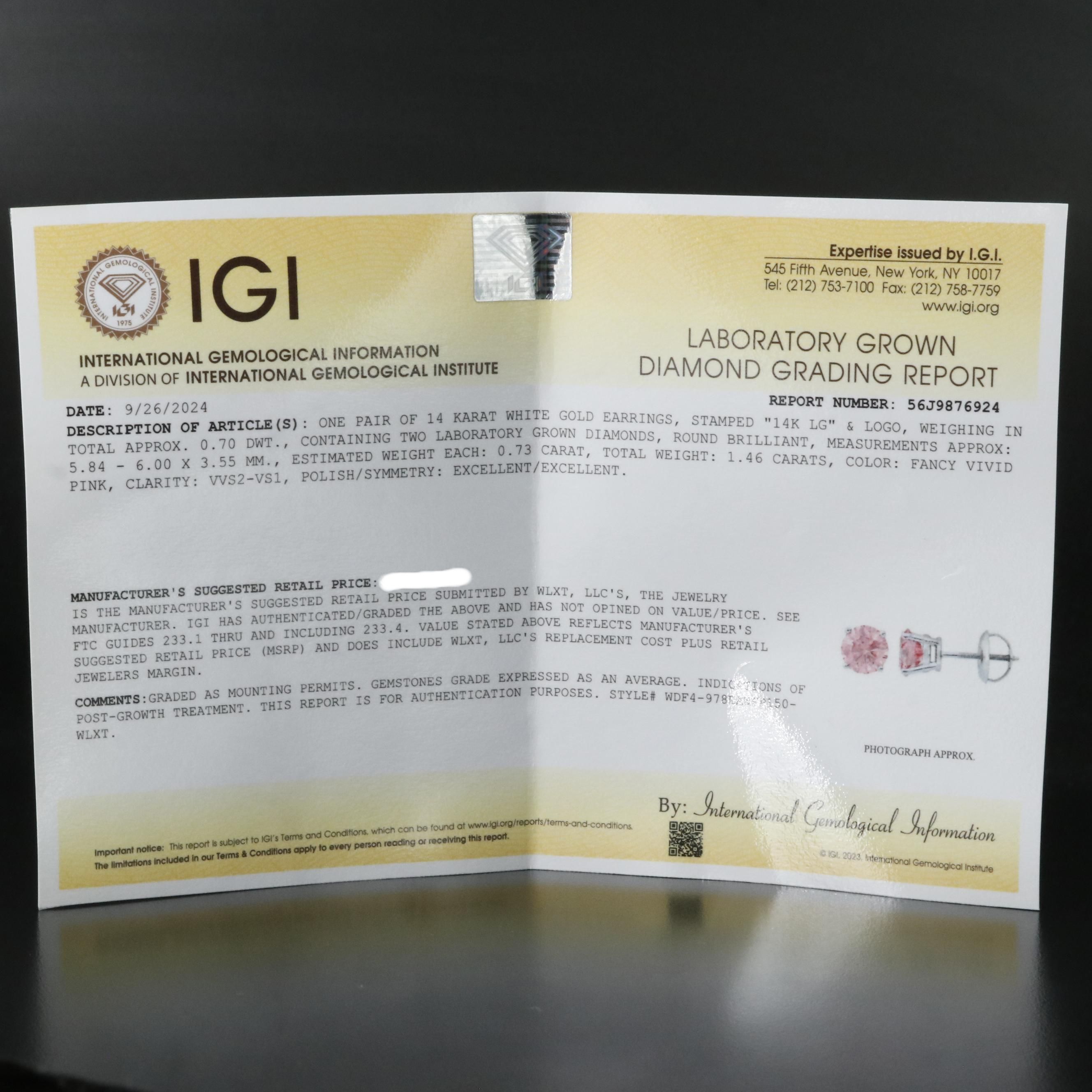 14K 1.46 CTW Lab Grown Fancy Pink Diamond Stud Earrings with IGI Report