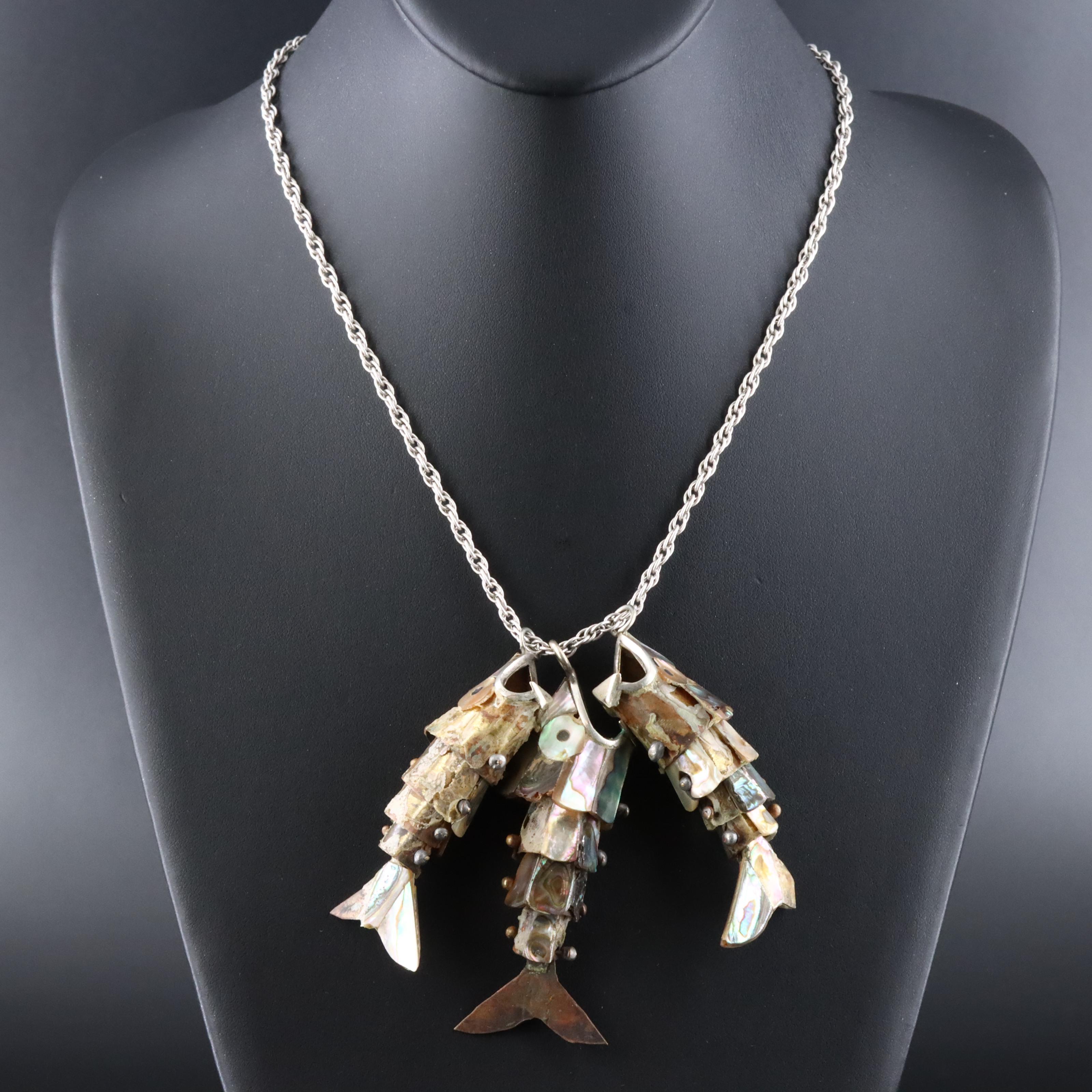 Abalone Inlay Articulated Fish Pendants on Sterling Chain Necklace