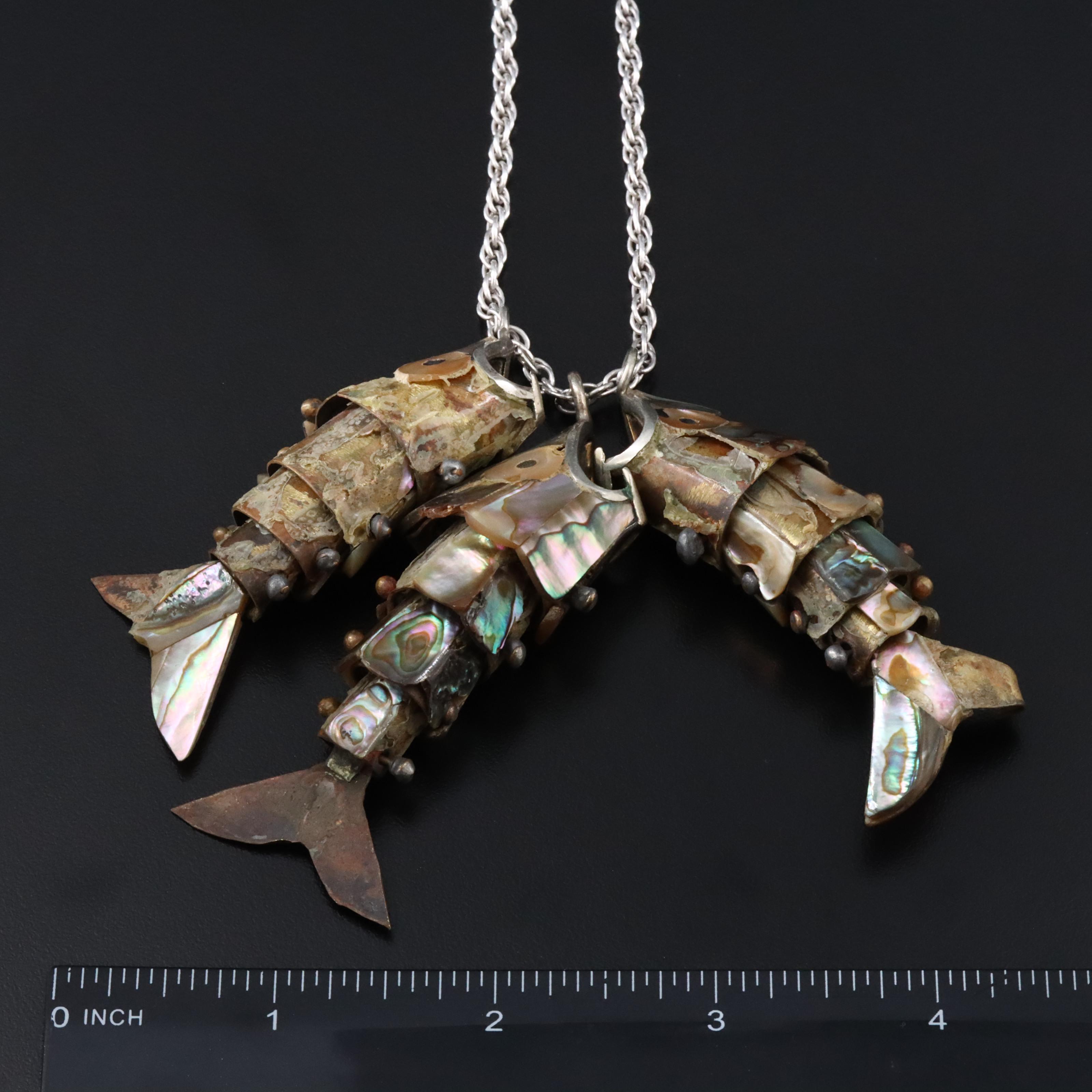 Abalone Inlay Articulated Fish Pendants on Sterling Chain Necklace