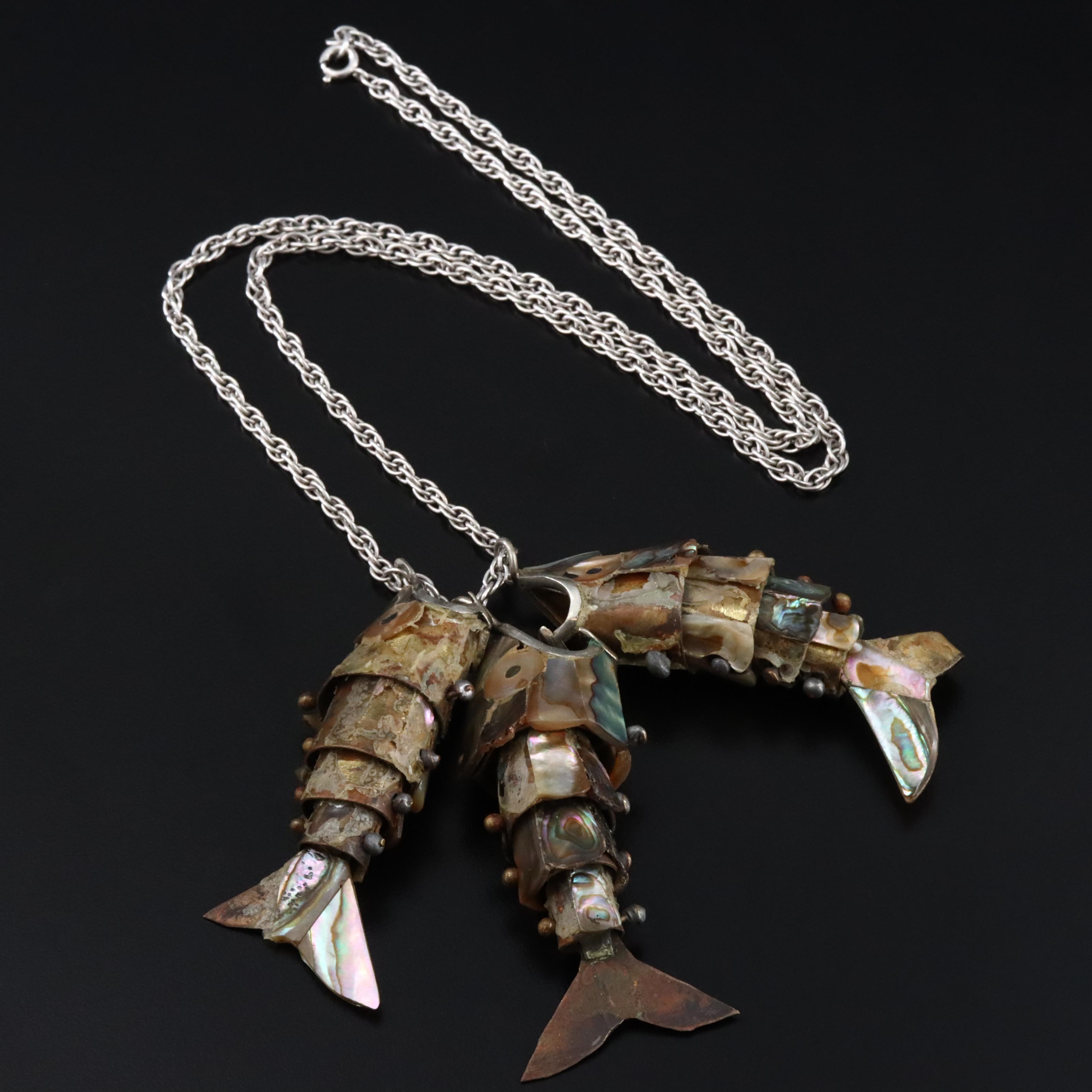Abalone Inlay Articulated Fish Pendants on Sterling Chain Necklace