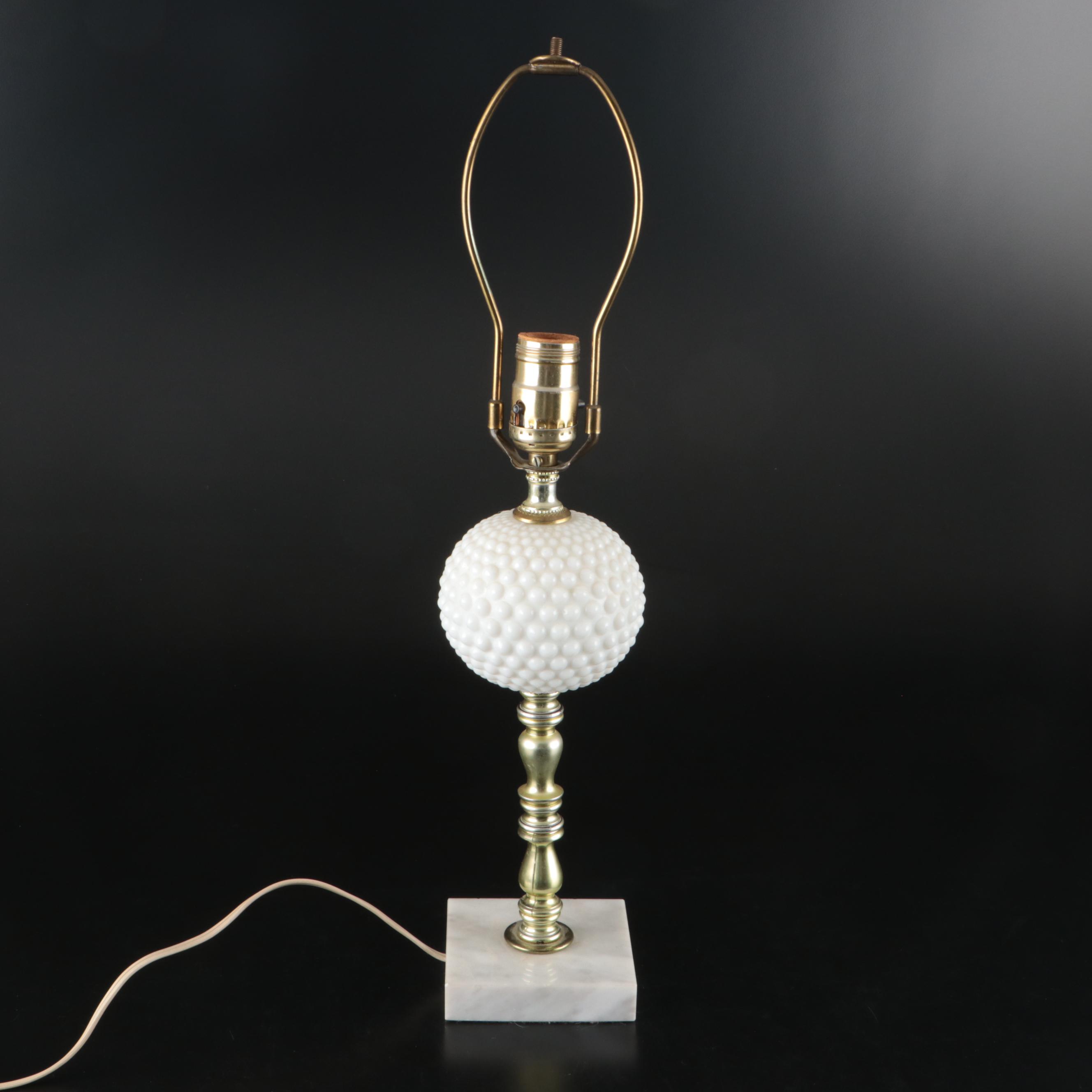 Victorian Style Hobnail Milk Glass Table Lamp on Marble Base