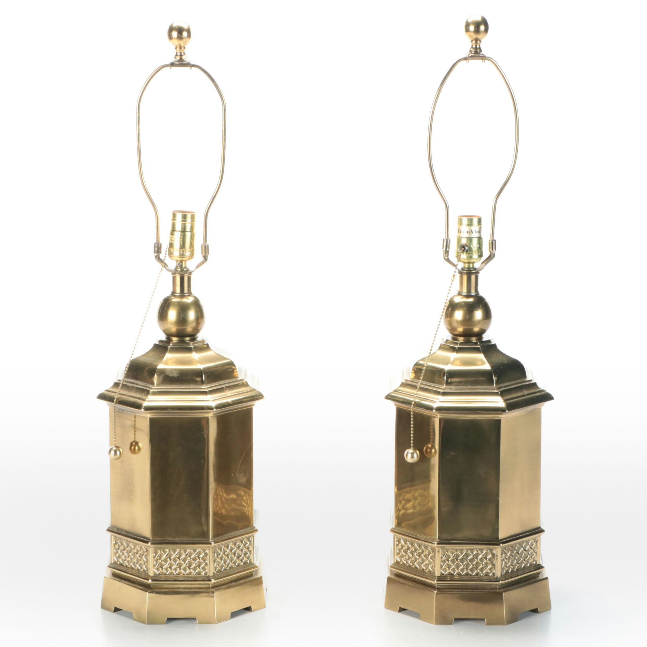 Pair of Ethan Allen Lacqured Brass Tea Canister Style Table Lamps, Vintage