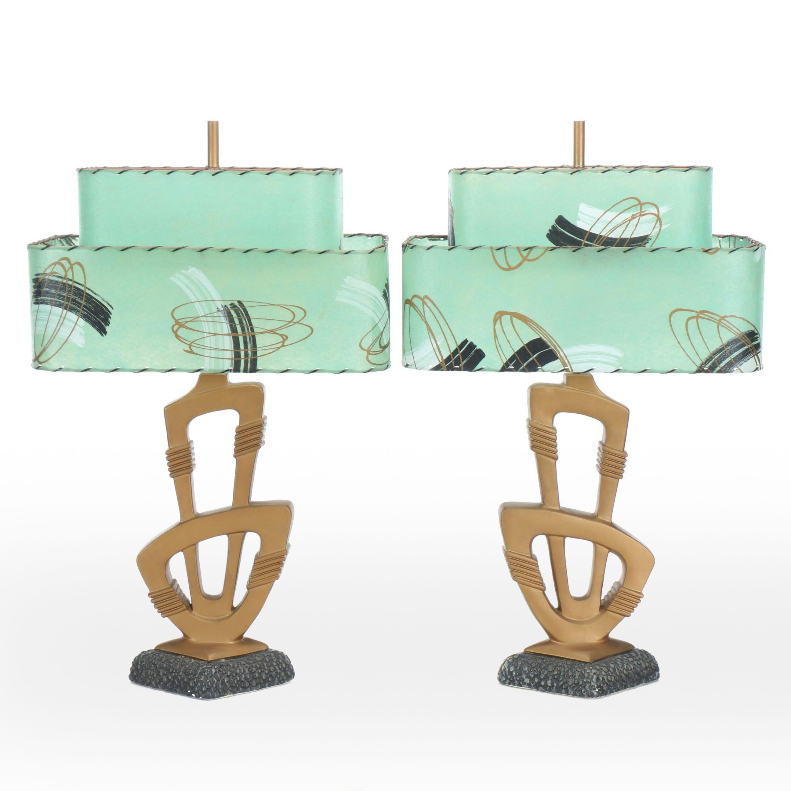 Pair of Gold Painted Chalkware Table Lamps with Double Stack Fiberglass Shades