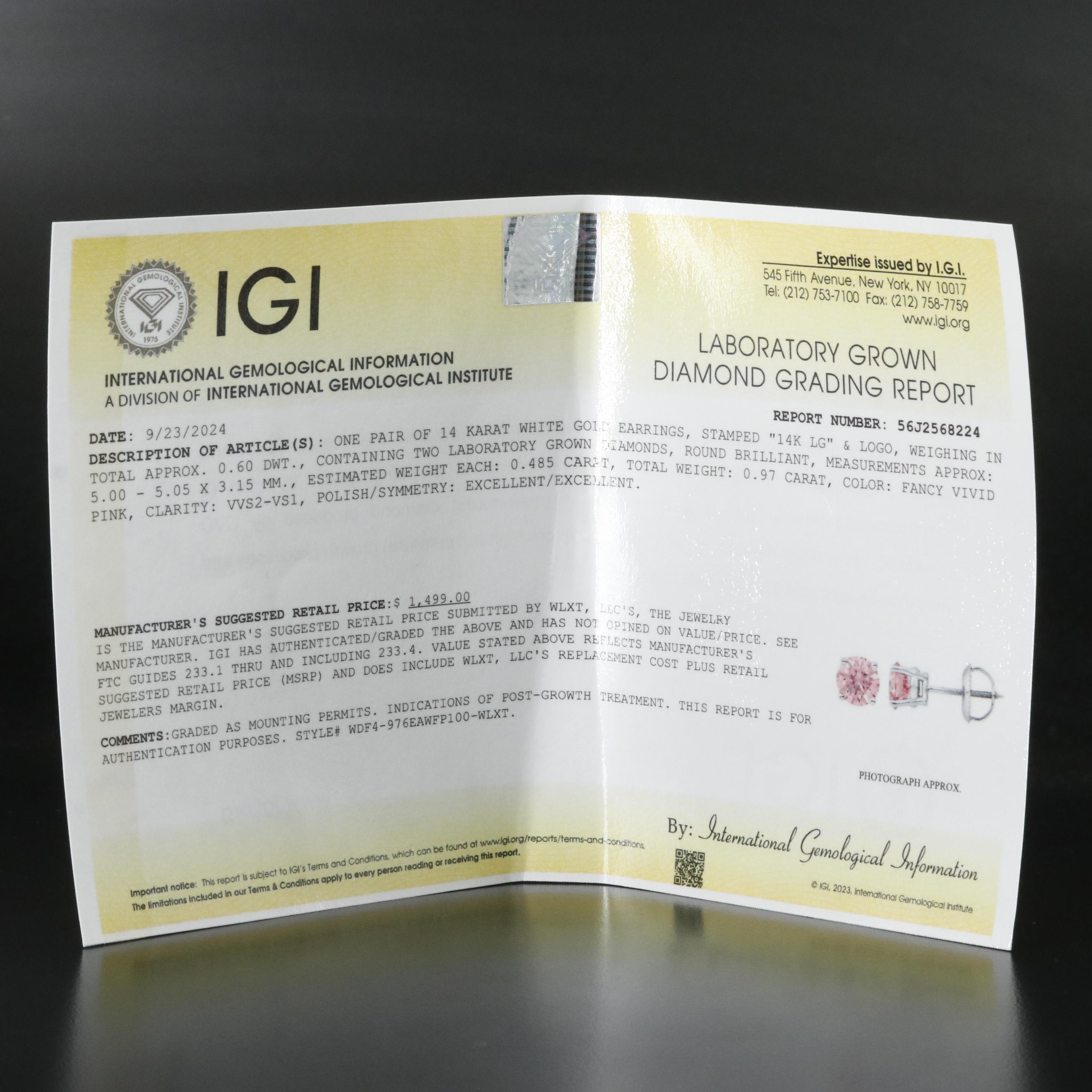 14K 0.97 CTW Lab Grown Fancy Pink Diamond Stud Earrings with IGI Report