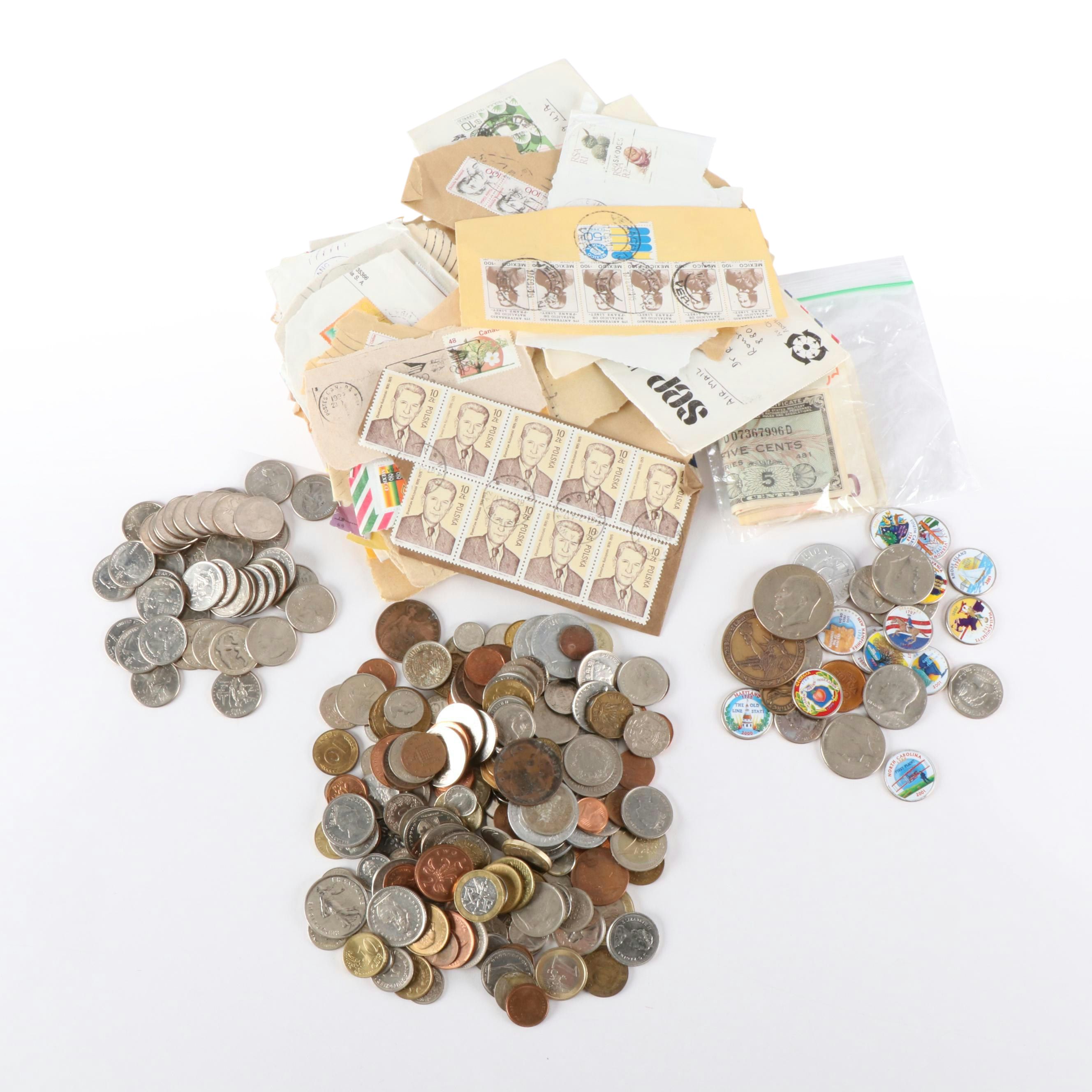 Group of Foreign and U.S. Coins, Foreign Currency, and World Postage Stamps