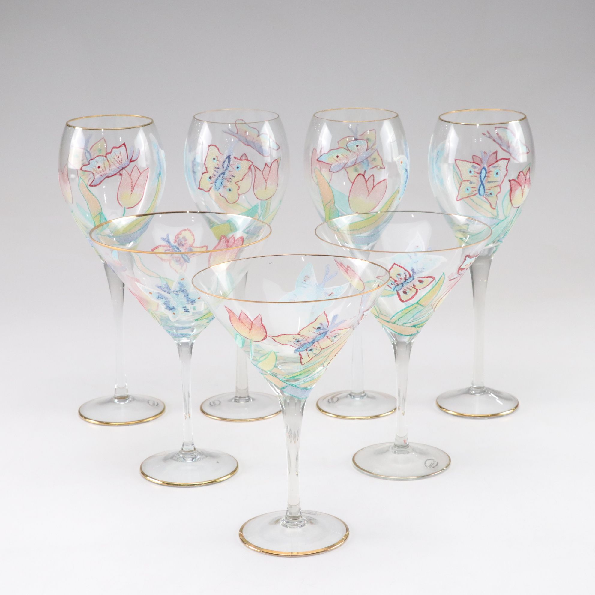Euroglass Mouth-Blown Romanian Butterfly Water Goblets and Martini Glasses