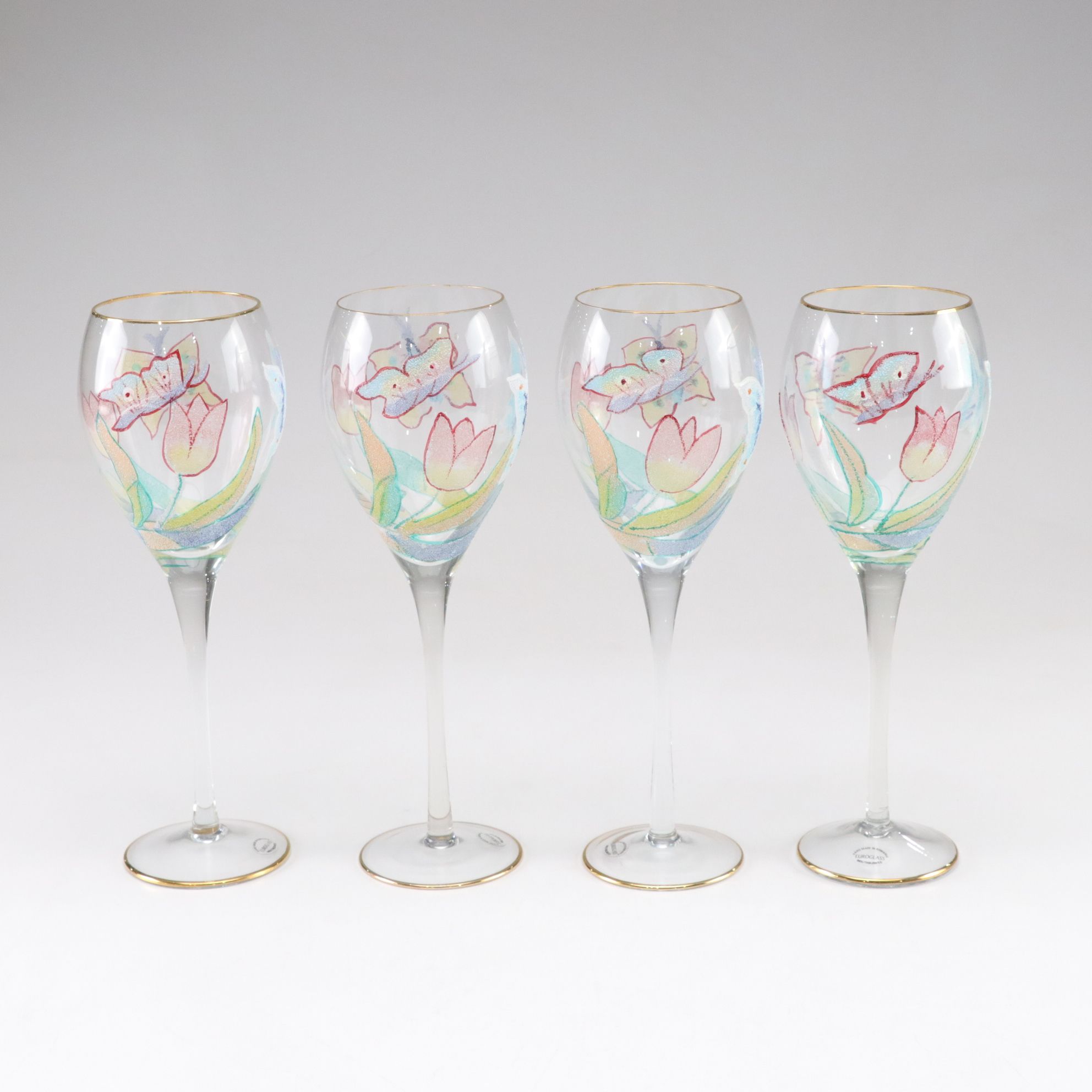 Euroglass Mouth-Blown Romanian Butterfly Water Goblets and Martini Glasses