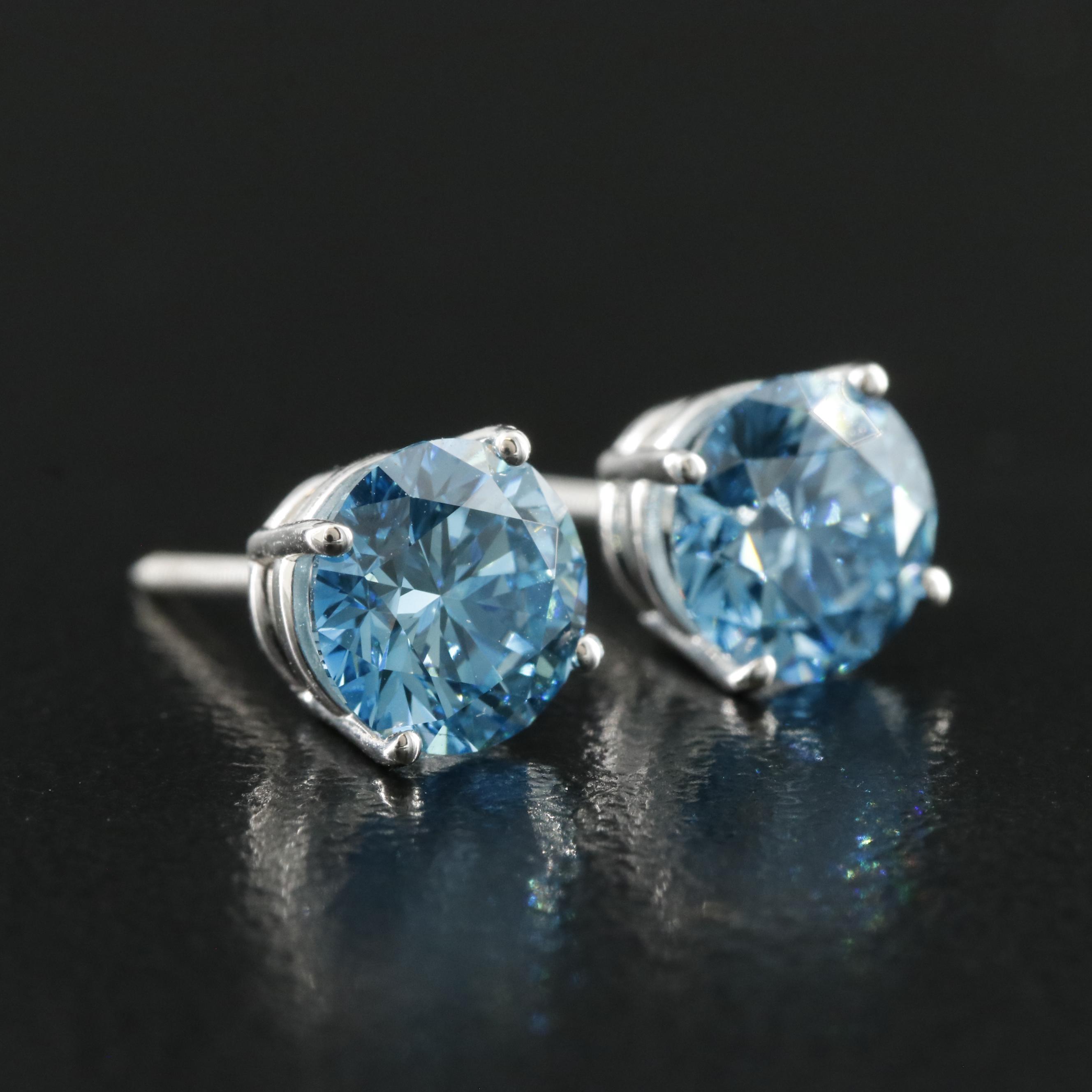 14K 2.05 CTW Lab Grown Fancy Blue Diamond Stud Earrings with IGI Report