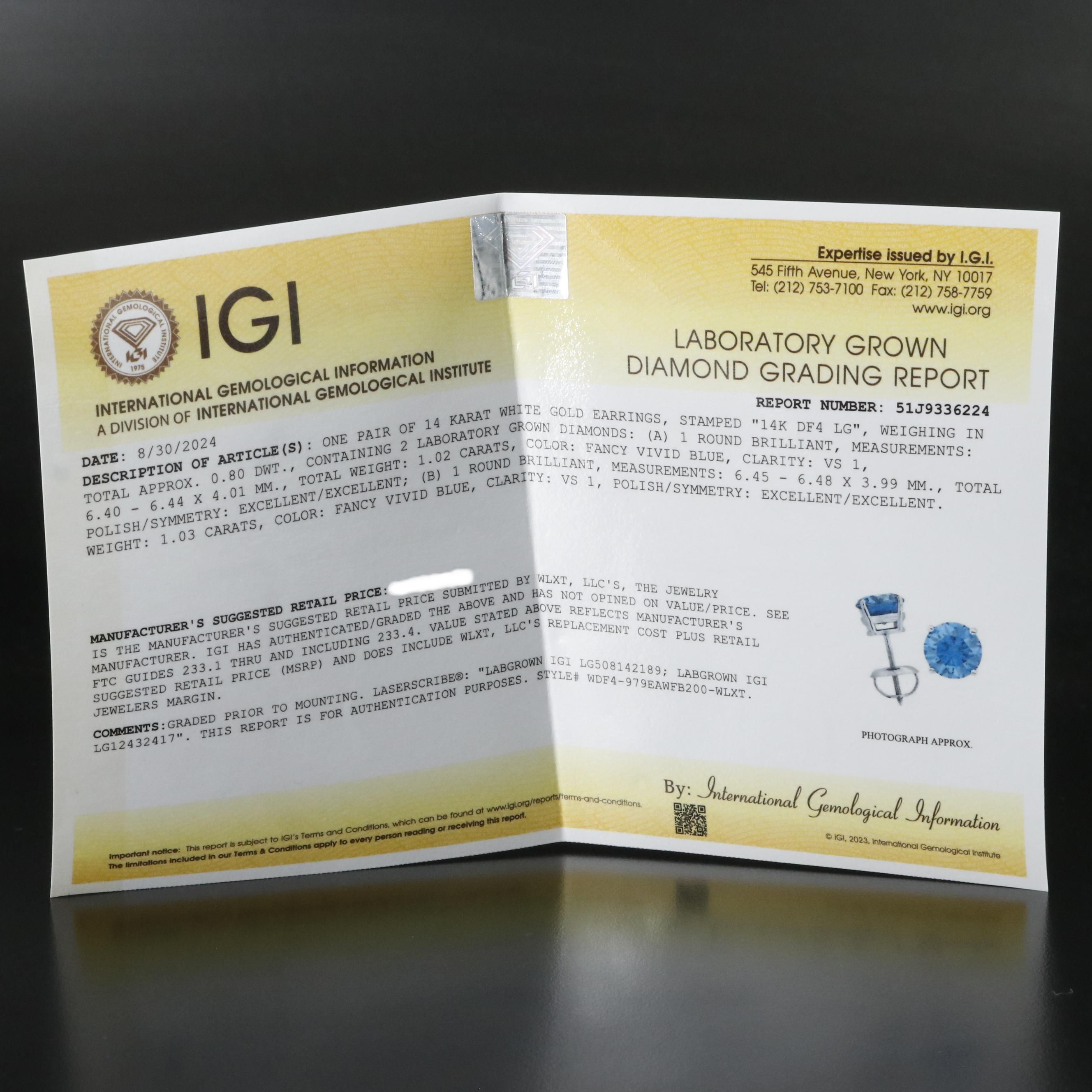 14K 2.05 CTW Lab Grown Fancy Blue Diamond Stud Earrings with IGI Report