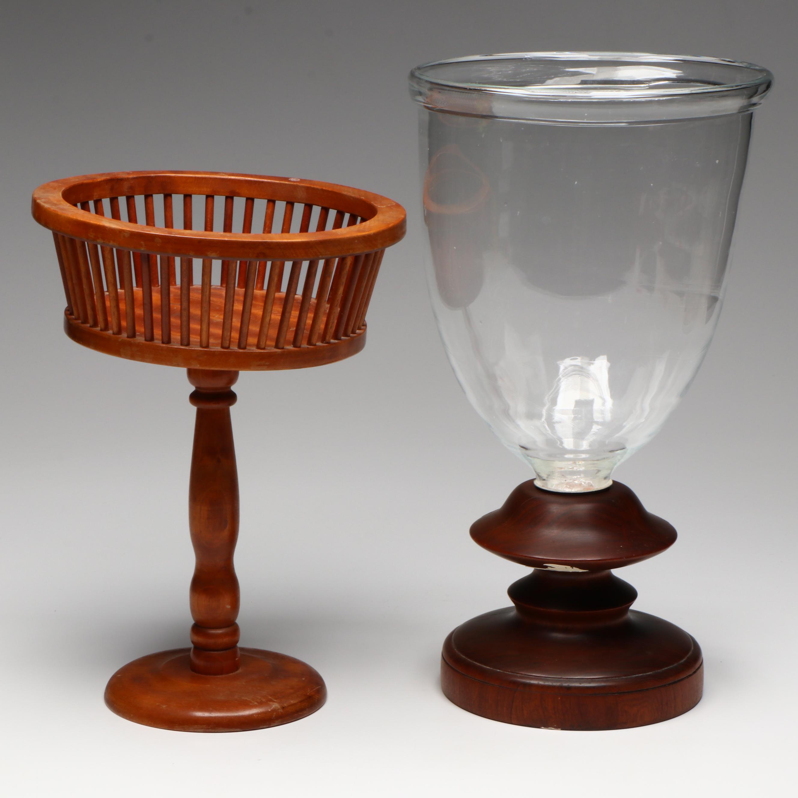 Wooden Candle Holder with Glass Hurricane and Wooden Pedestal Basket