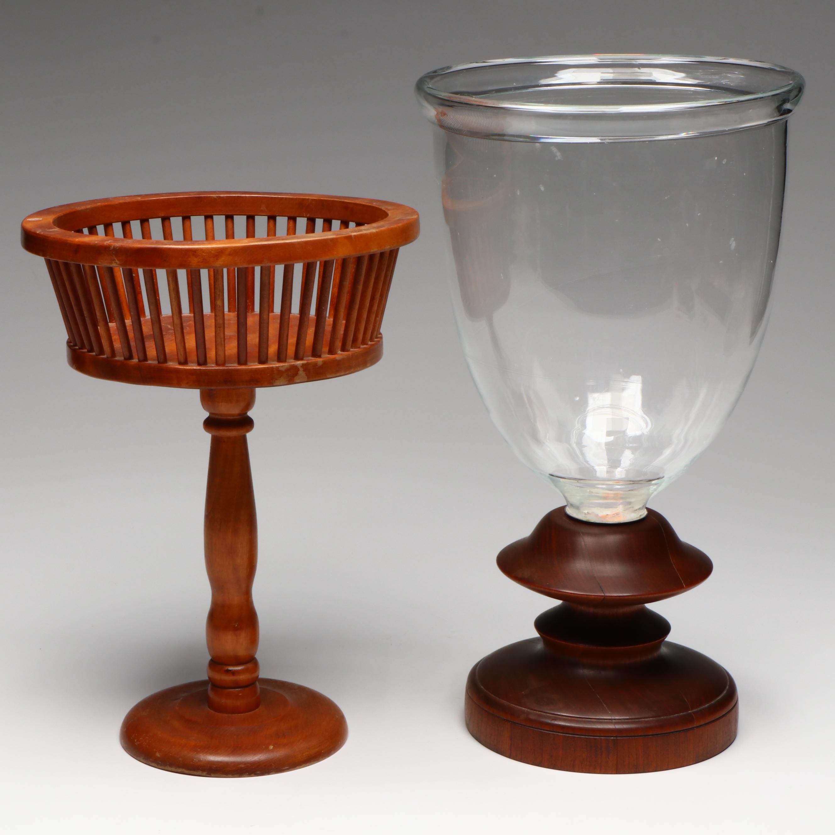 Wooden Candle Holder with Glass Hurricane and Wooden Pedestal Basket