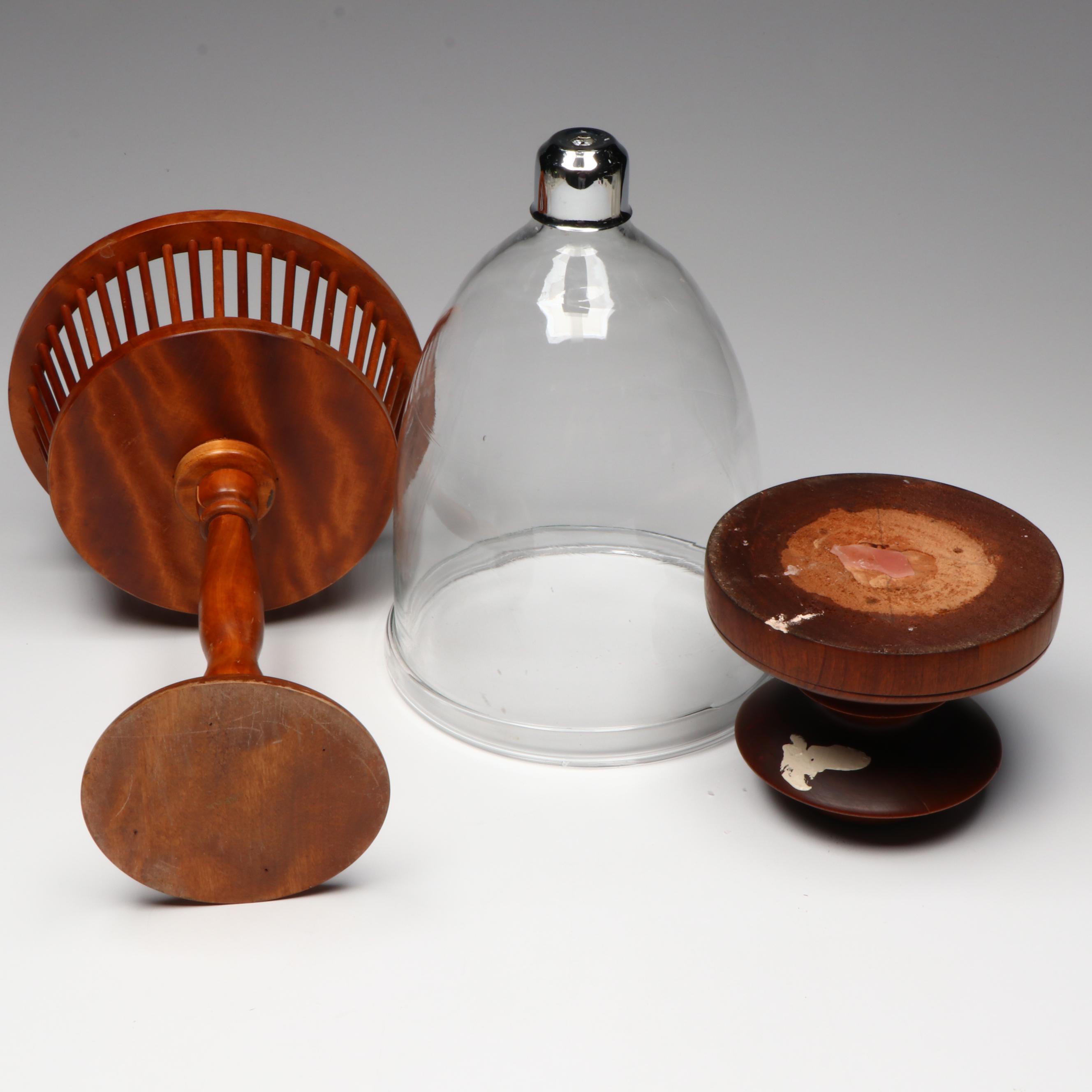 Wooden Candle Holder with Glass Hurricane and Wooden Pedestal Basket