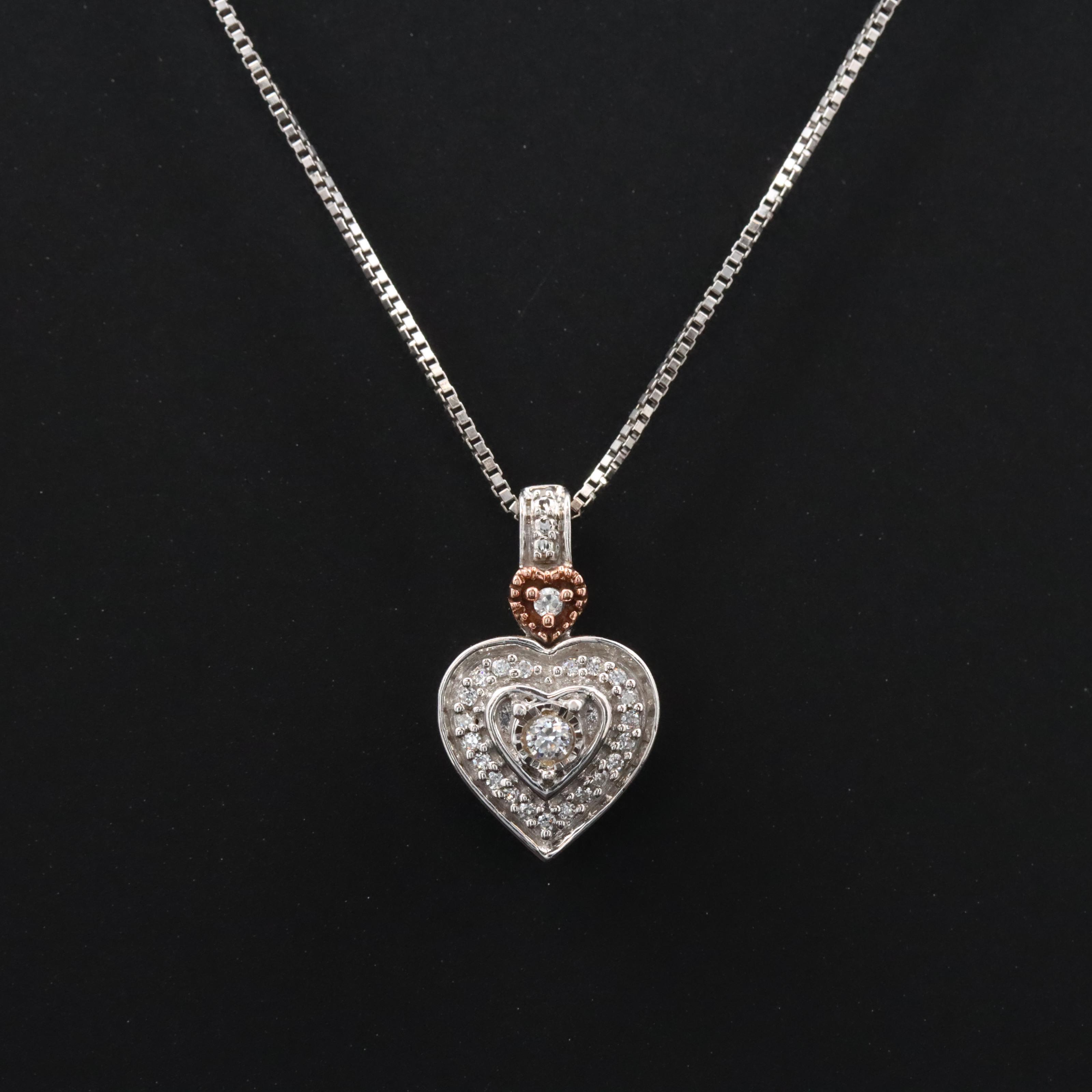 Sterling CZ Heart Pendant Necklace with 10K Rose Gold Accent