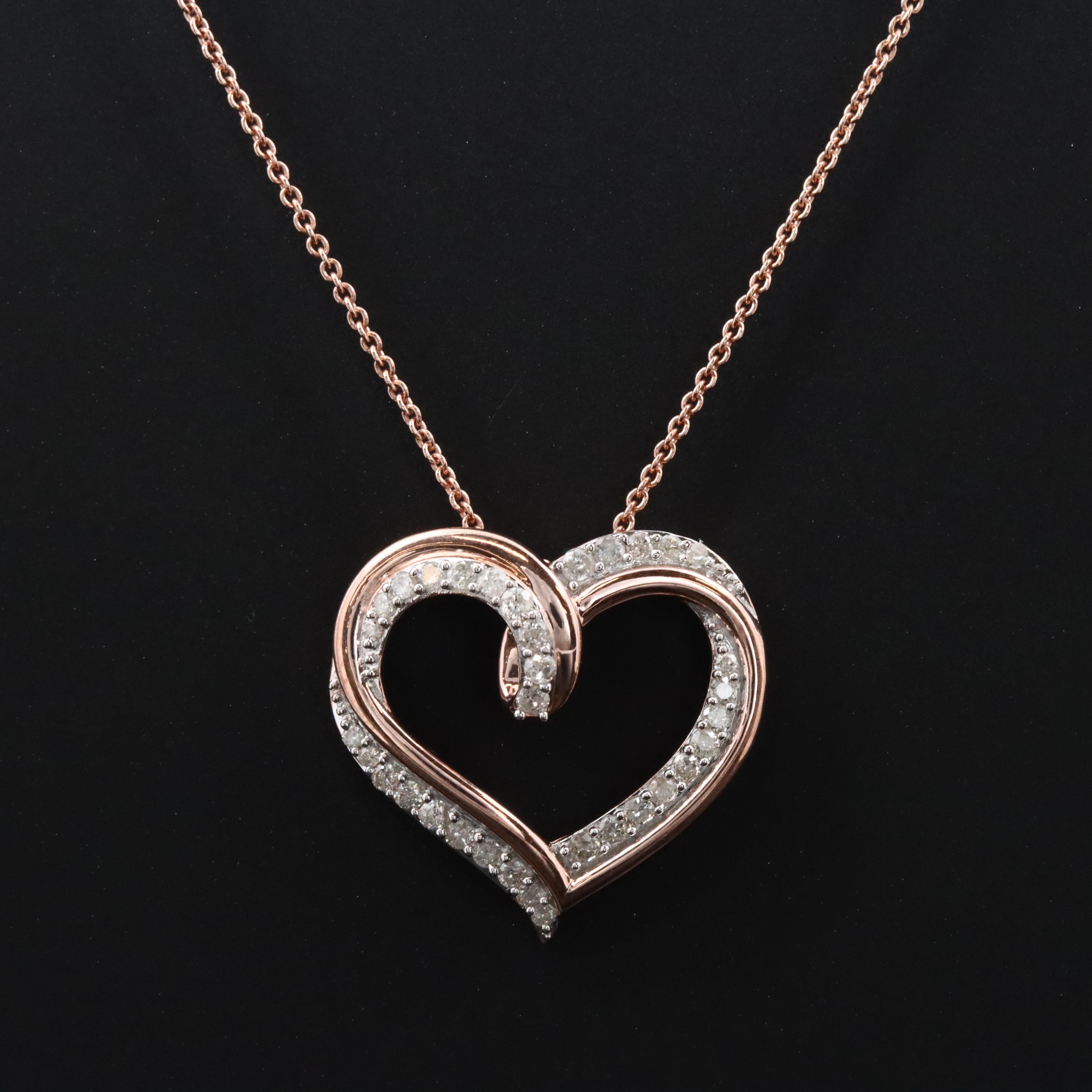 Sterling and Diamond Heart Necklace in Rose Tone