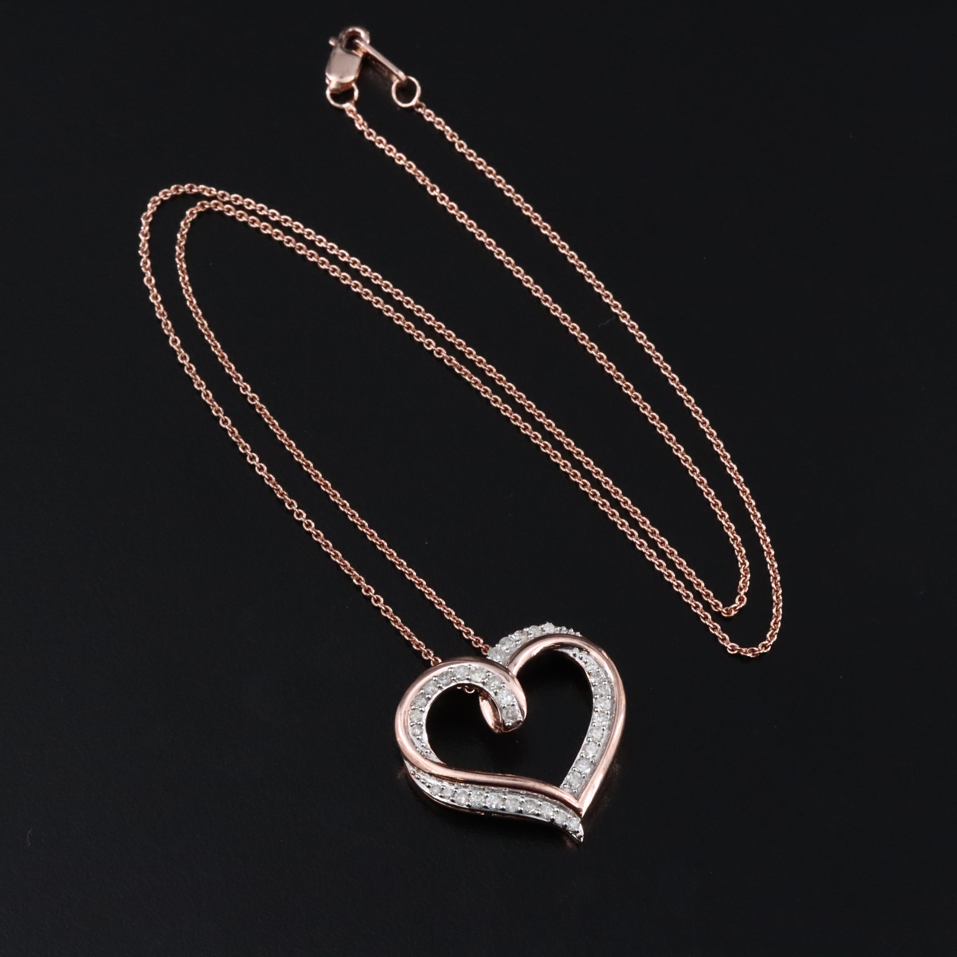Sterling and Diamond Heart Necklace in Rose Tone
