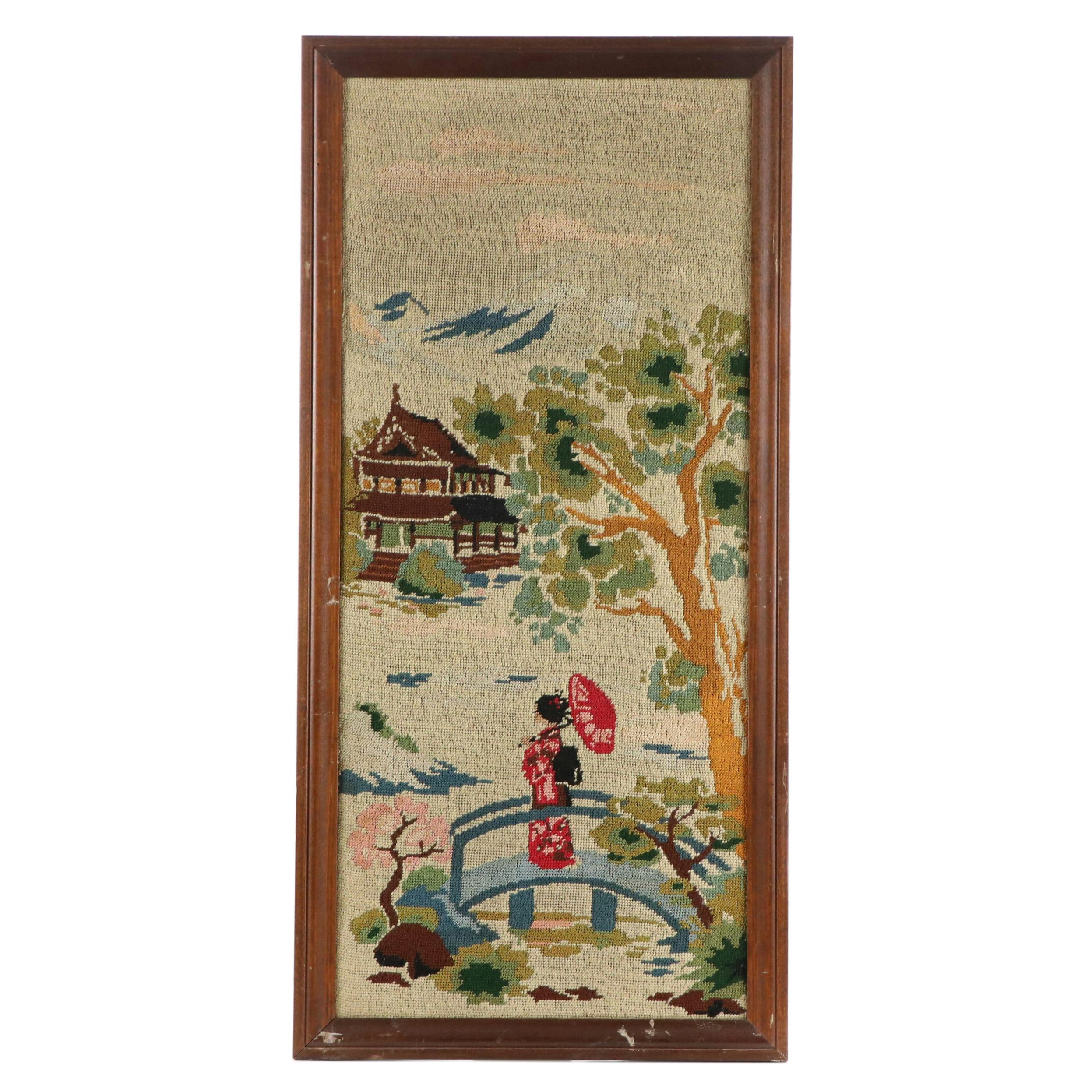 Handmade Needlepoint of Japanese Landscape and Woman with Parasol, 20th Century