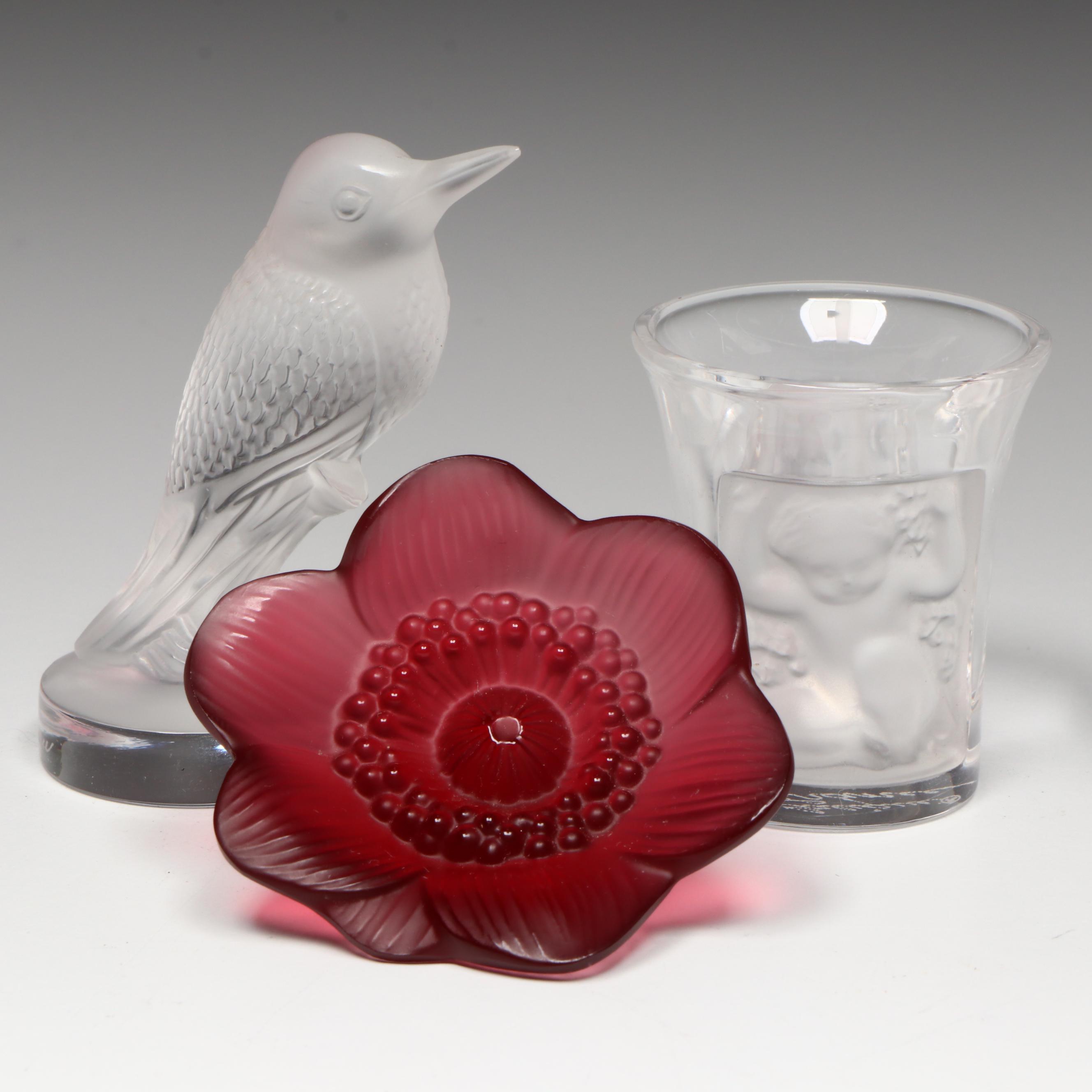 Lalique Crystal Hummingbird, Anemone and  "Les Enfants" Shot Glass