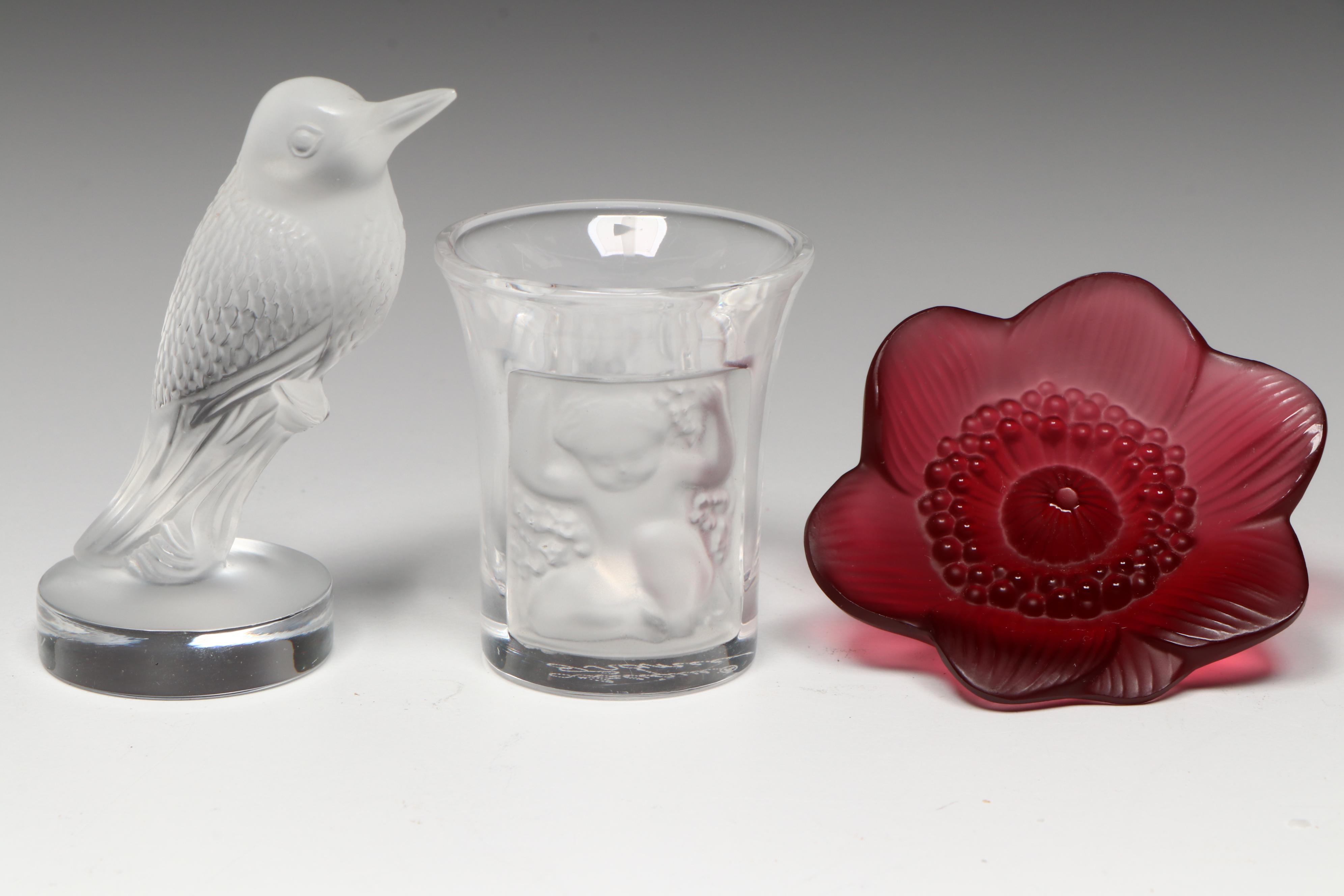 Lalique Crystal Hummingbird, Anemone and  "Les Enfants" Shot Glass