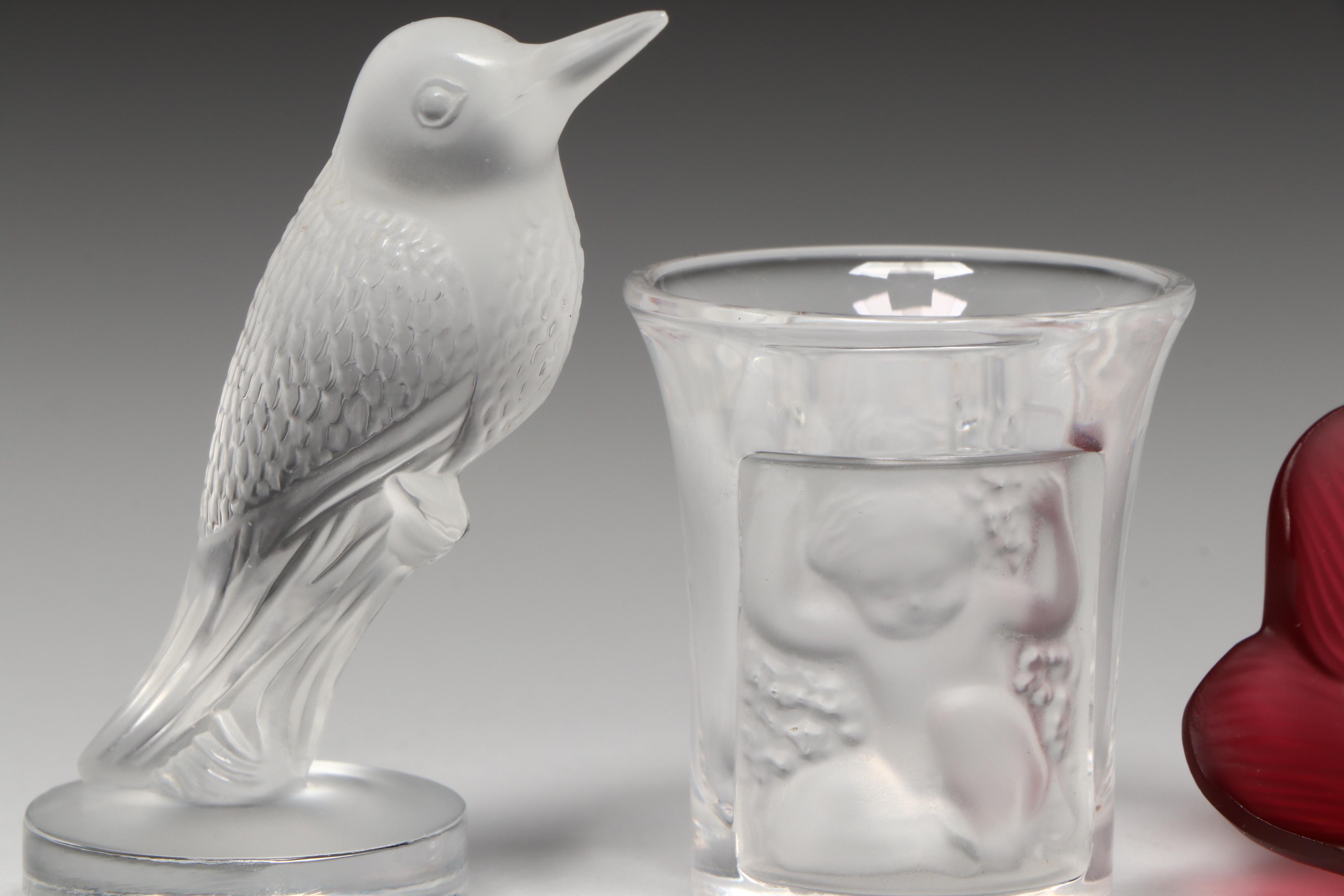 Lalique Crystal Hummingbird, Anemone and  "Les Enfants" Shot Glass