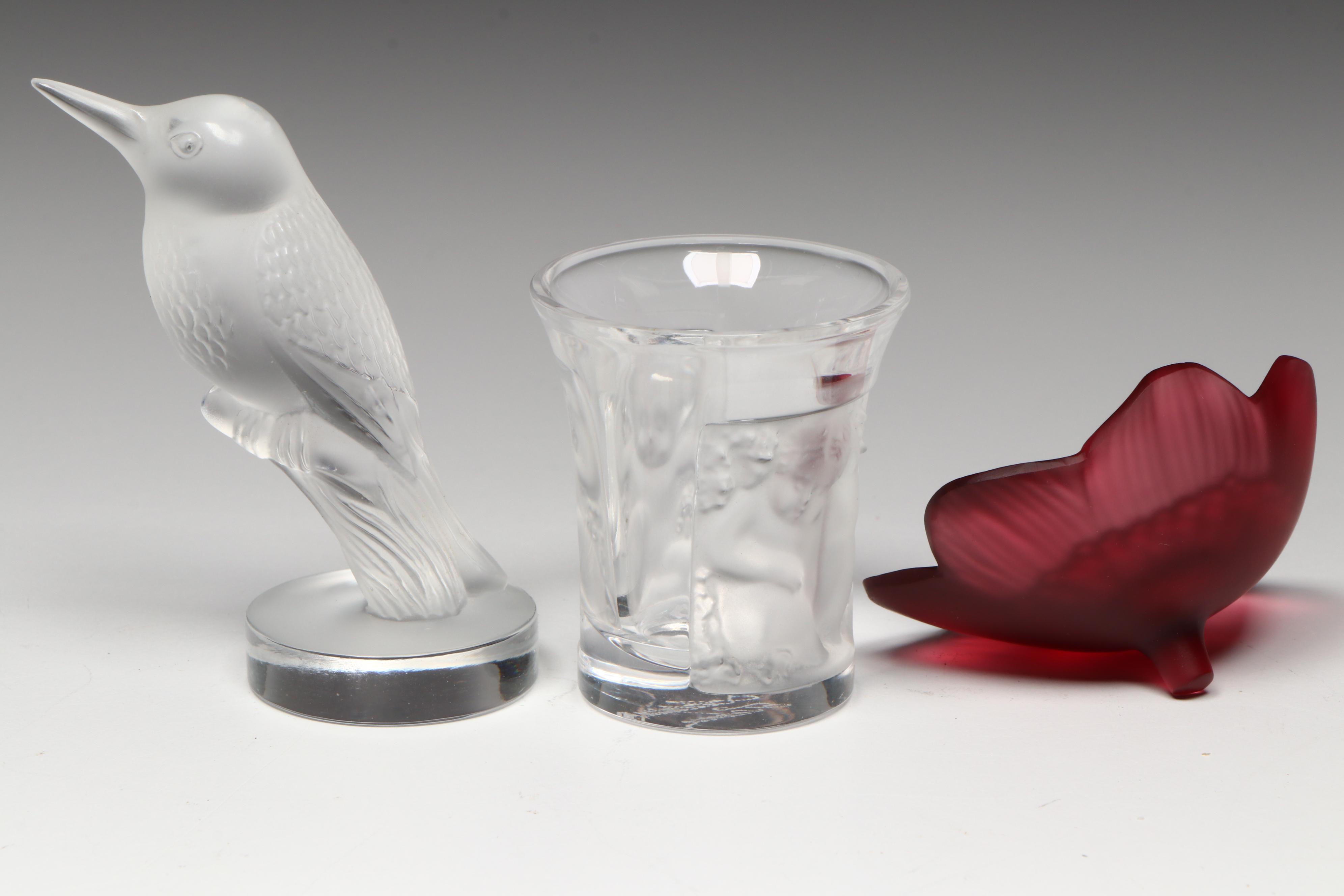 Lalique Crystal Hummingbird, Anemone and  "Les Enfants" Shot Glass
