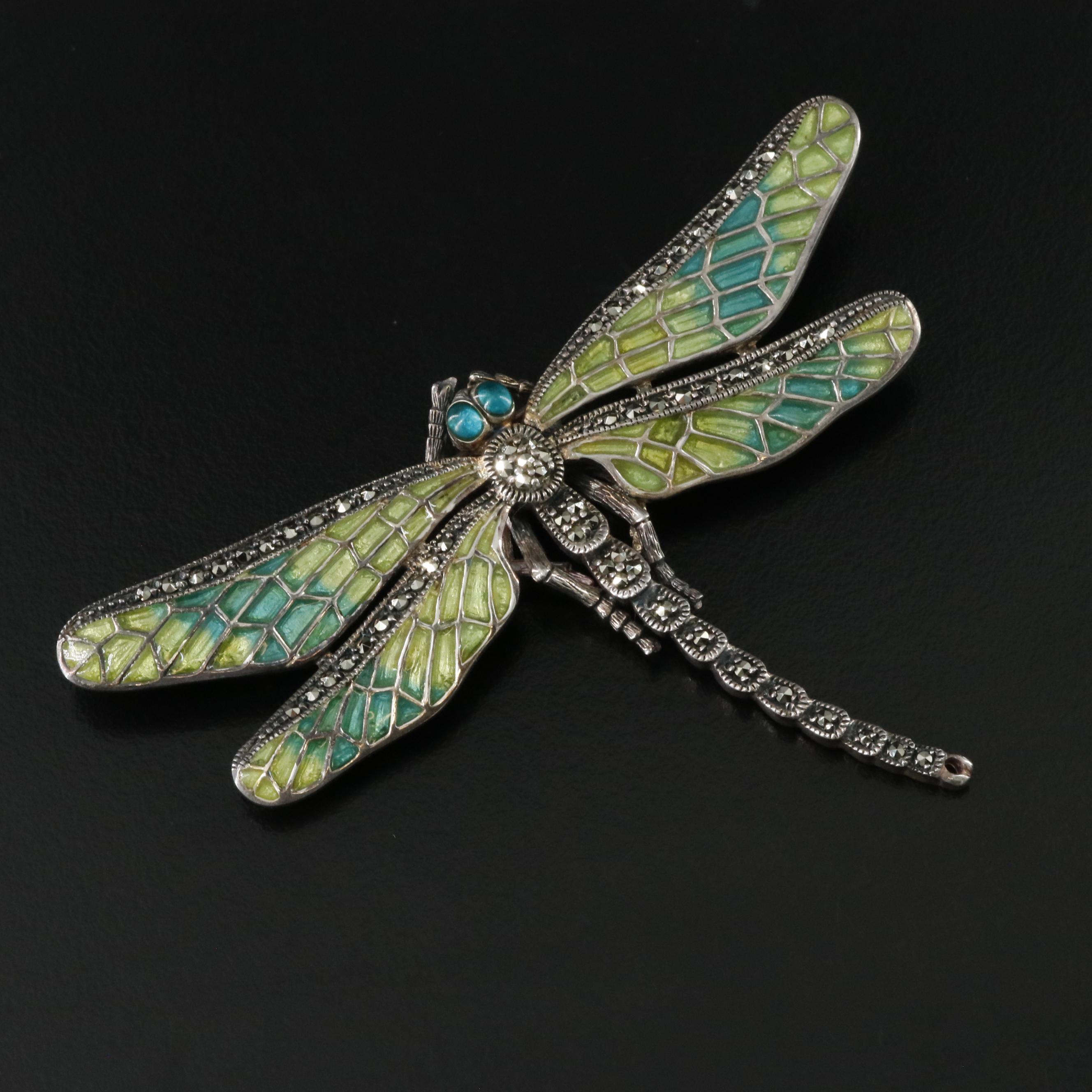 Vintage Brand Sterling Enamel, Rhinestone and Marcasite Dragonfly Brooch