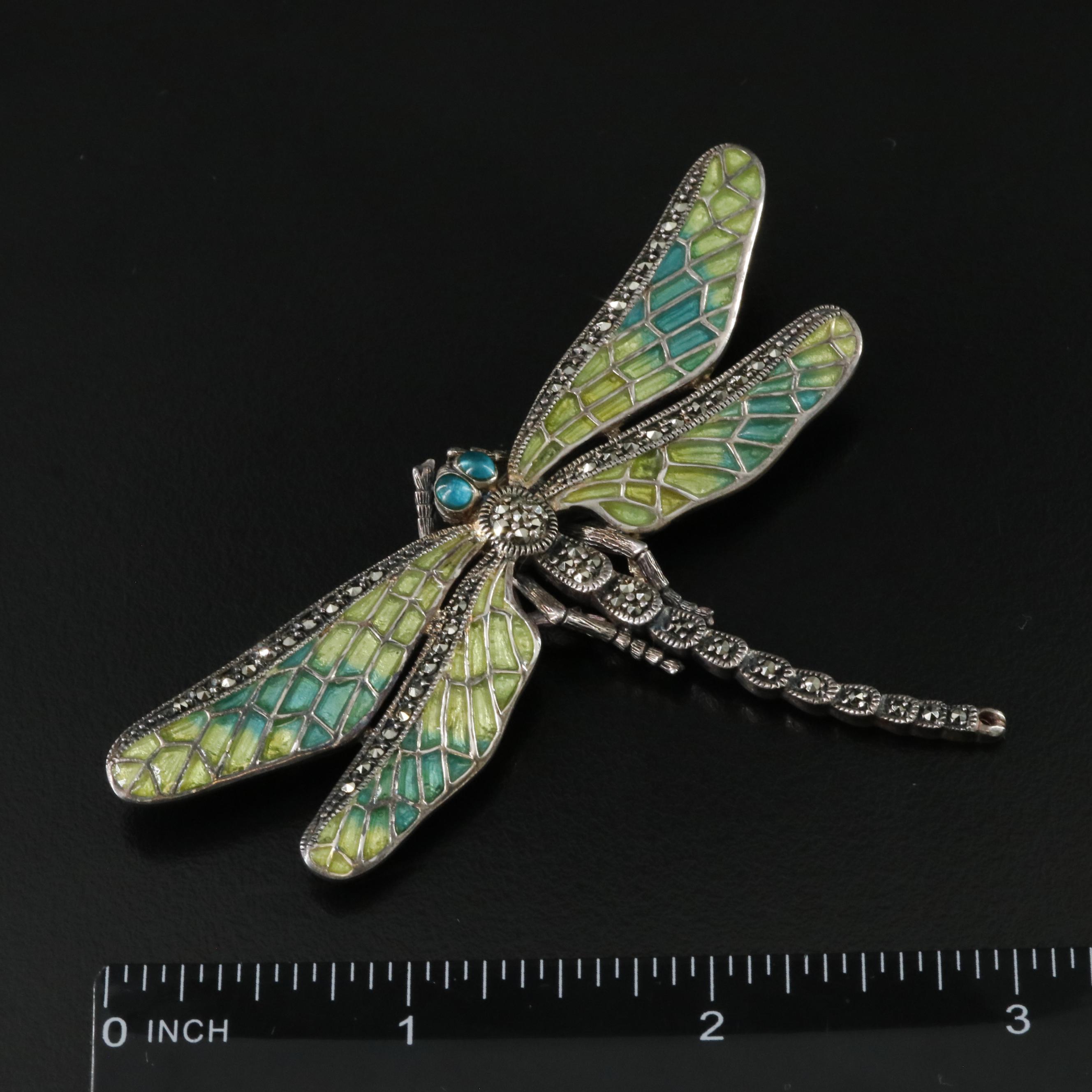 Vintage Brand Sterling Enamel, Rhinestone and Marcasite Dragonfly Brooch