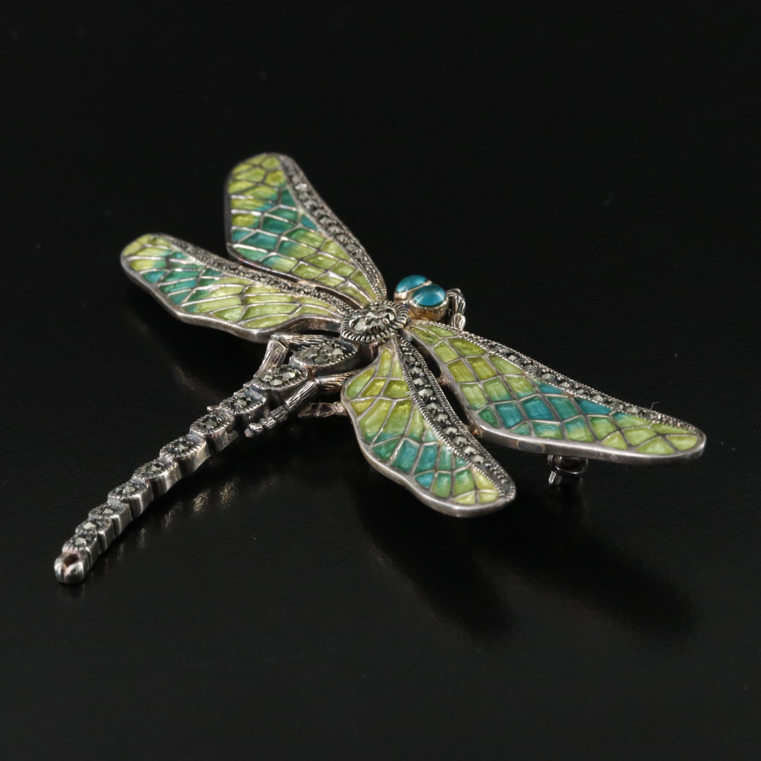 Vintage Brand Sterling Enamel, Rhinestone and Marcasite Dragonfly Brooch