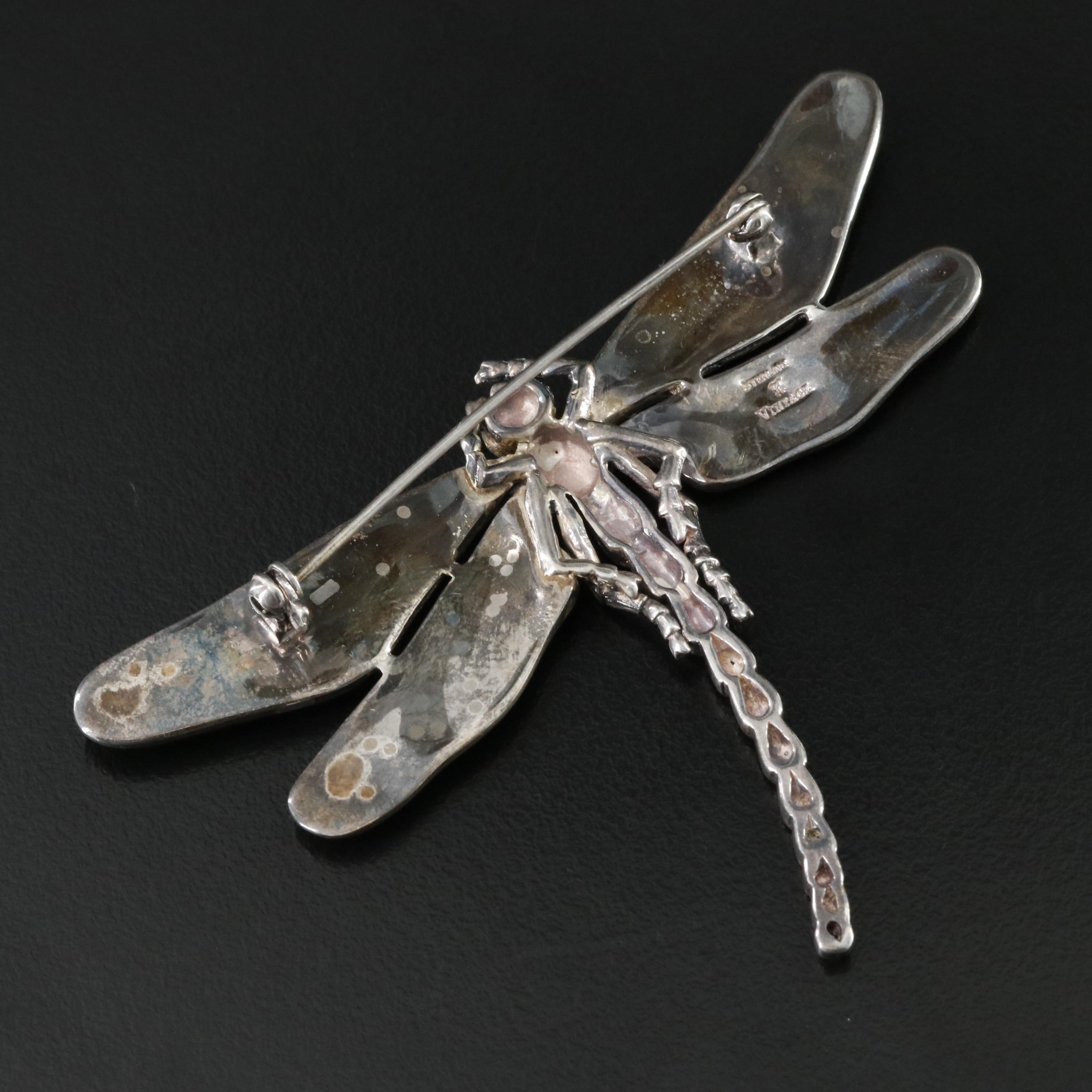 Vintage Brand Sterling Enamel, Rhinestone and Marcasite Dragonfly Brooch