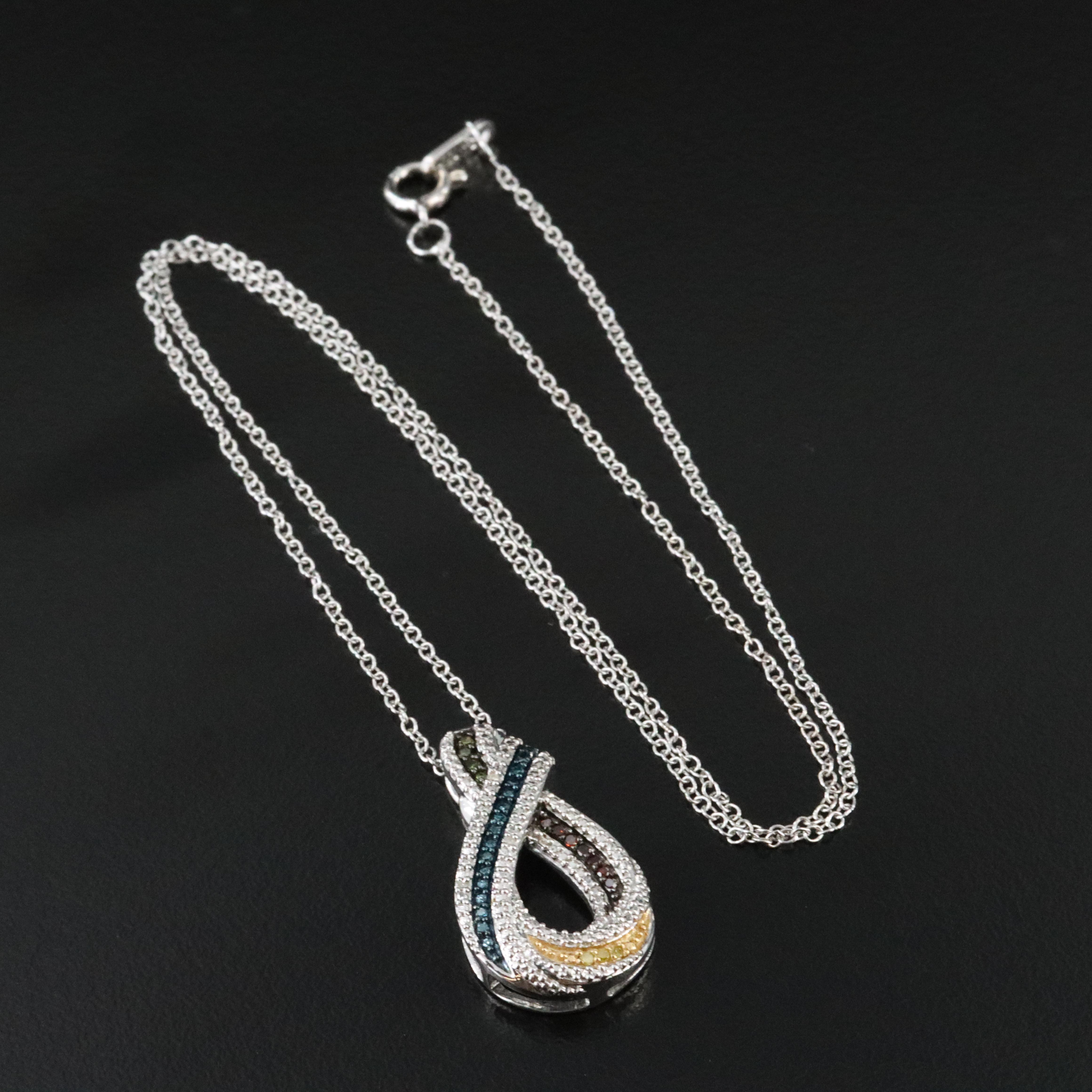 Sterling Diamond Pendant Necklace Including Fancy Color Diamonds