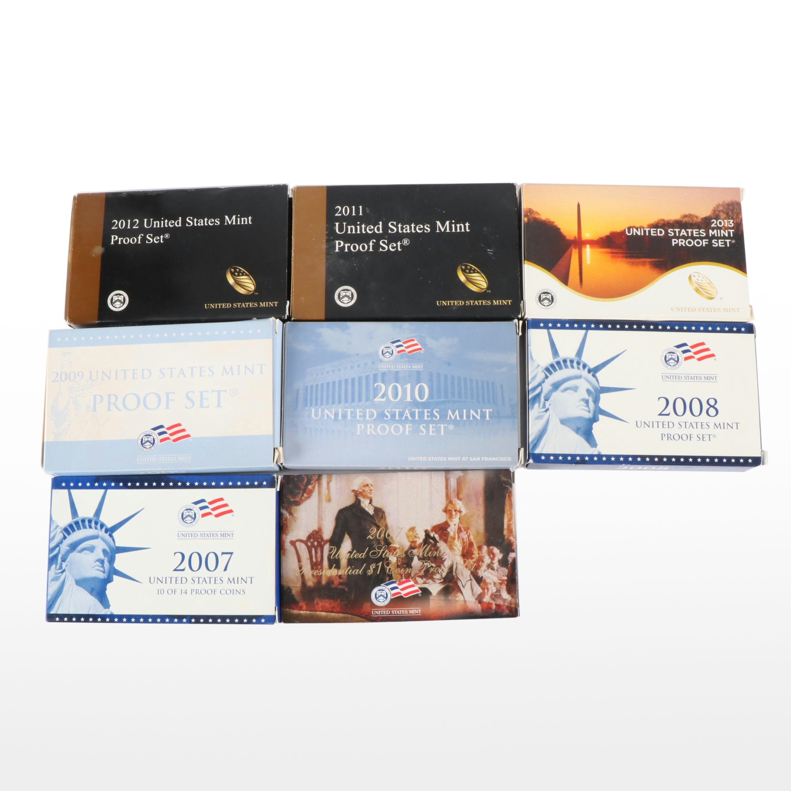 Seven  Modern U.S. Mint Proof Sets, 2007, 2008, 2009, 2010, 2011, 2013